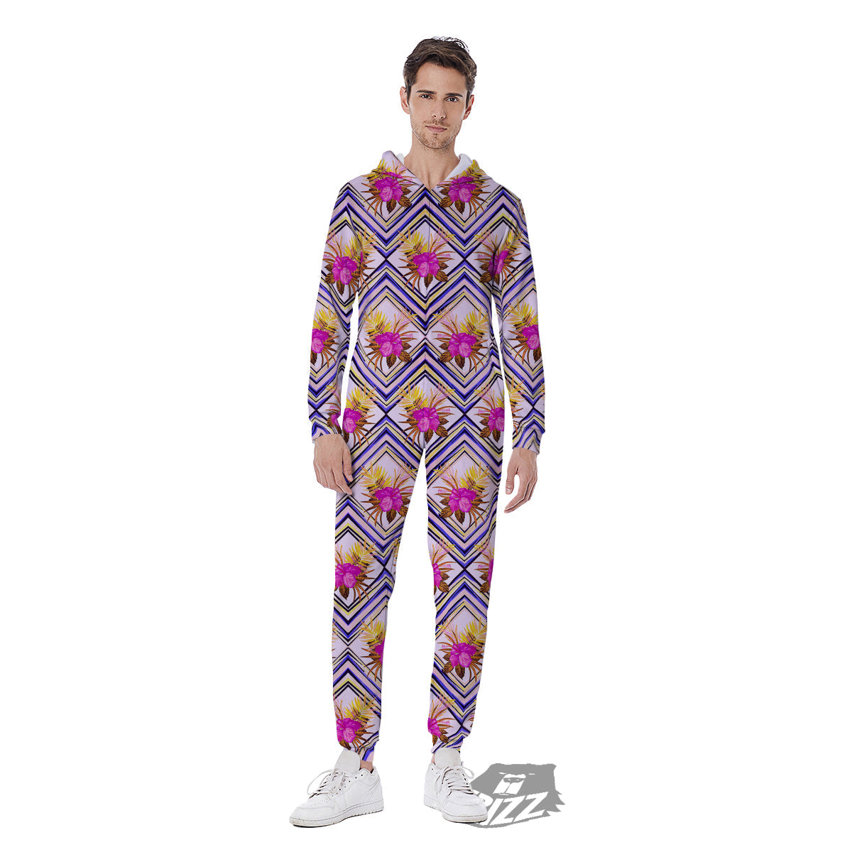 Watercolor Tropical Flower Zigzag Print Pattern Men's Jumpsuit-grizzshop