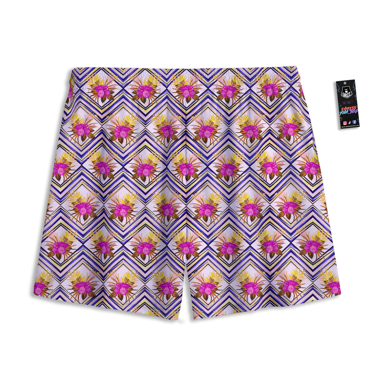 Watercolor Tropical Flower Zigzag Print Pattern Mesh Shorts-grizzshop