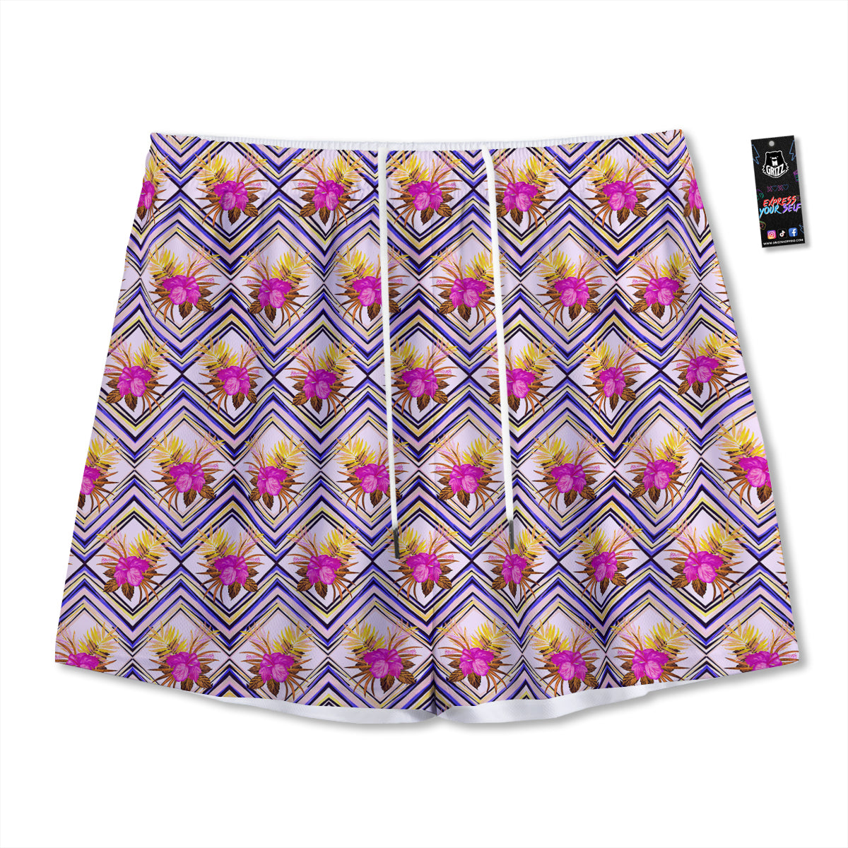 Watercolor Tropical Flower Zigzag Print Pattern Mesh Shorts-grizzshop