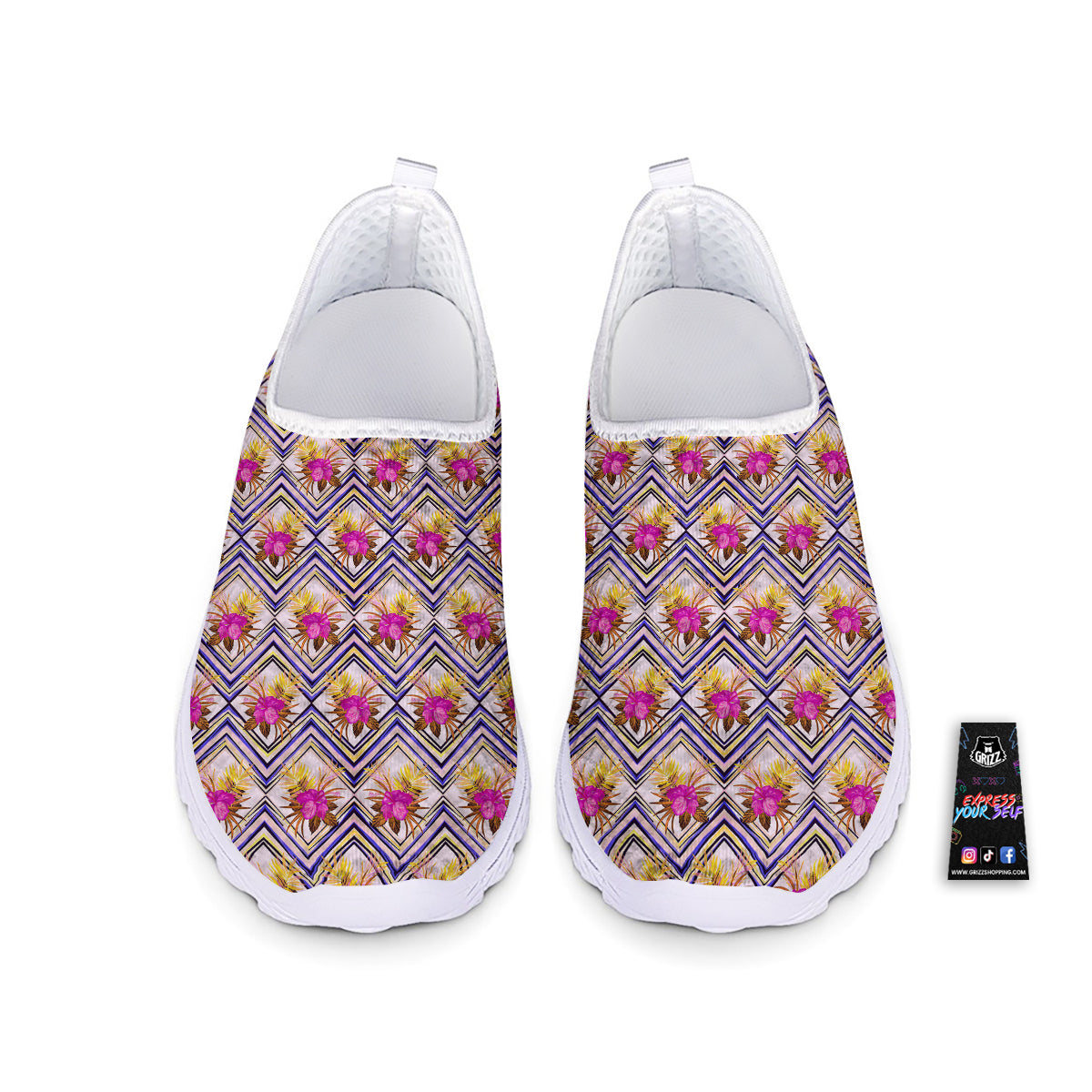 Watercolor Tropical Flower Zigzag Print Pattern Nurse Shoes-grizzshop
