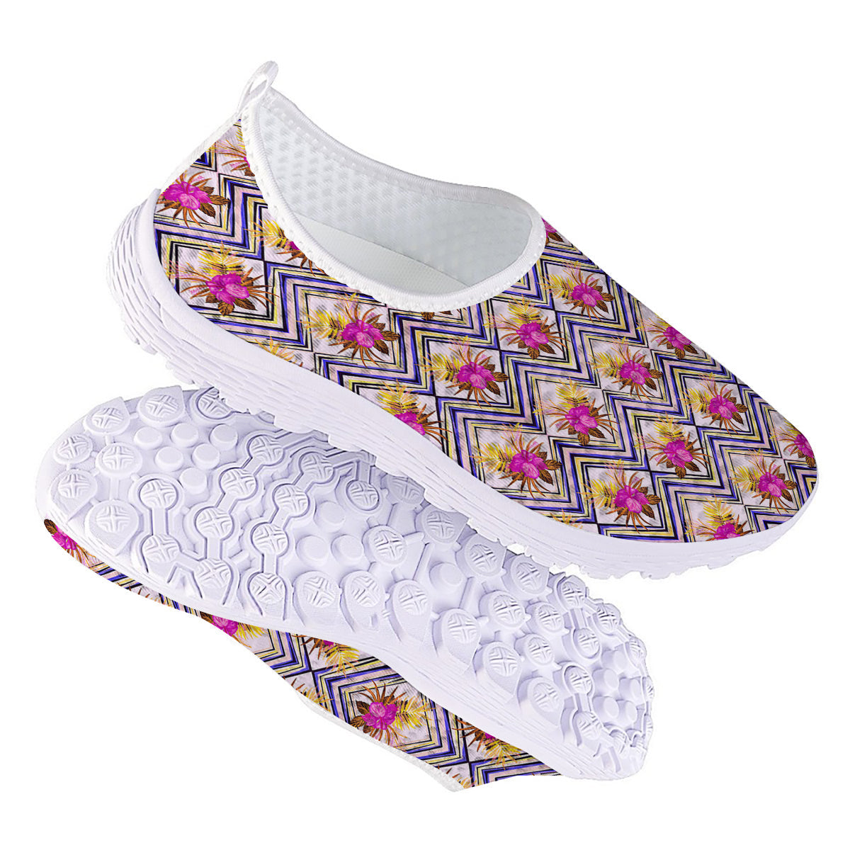 Watercolor Tropical Flower Zigzag Print Pattern Nurse Shoes-grizzshop