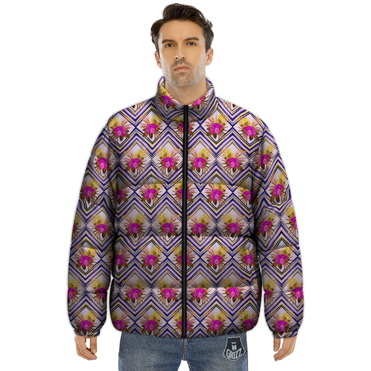 Watercolor Tropical Flower Zigzag Print Pattern Puffer Jacket-grizzshop