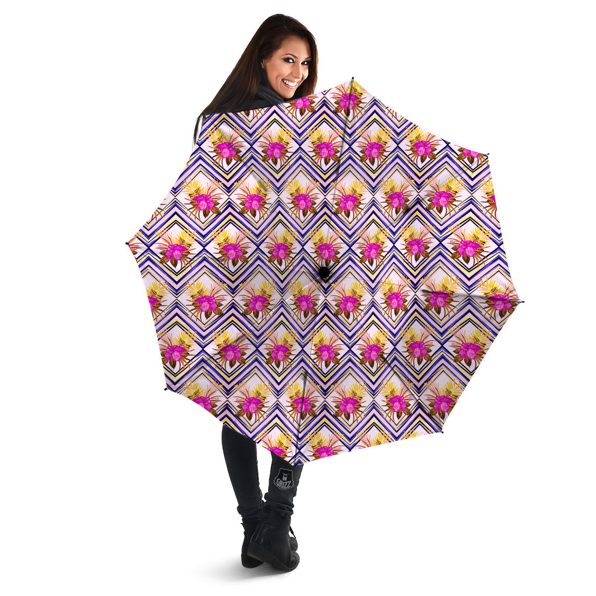 Watercolor Tropical Flower Zigzag Print Pattern Umbrella-grizzshop