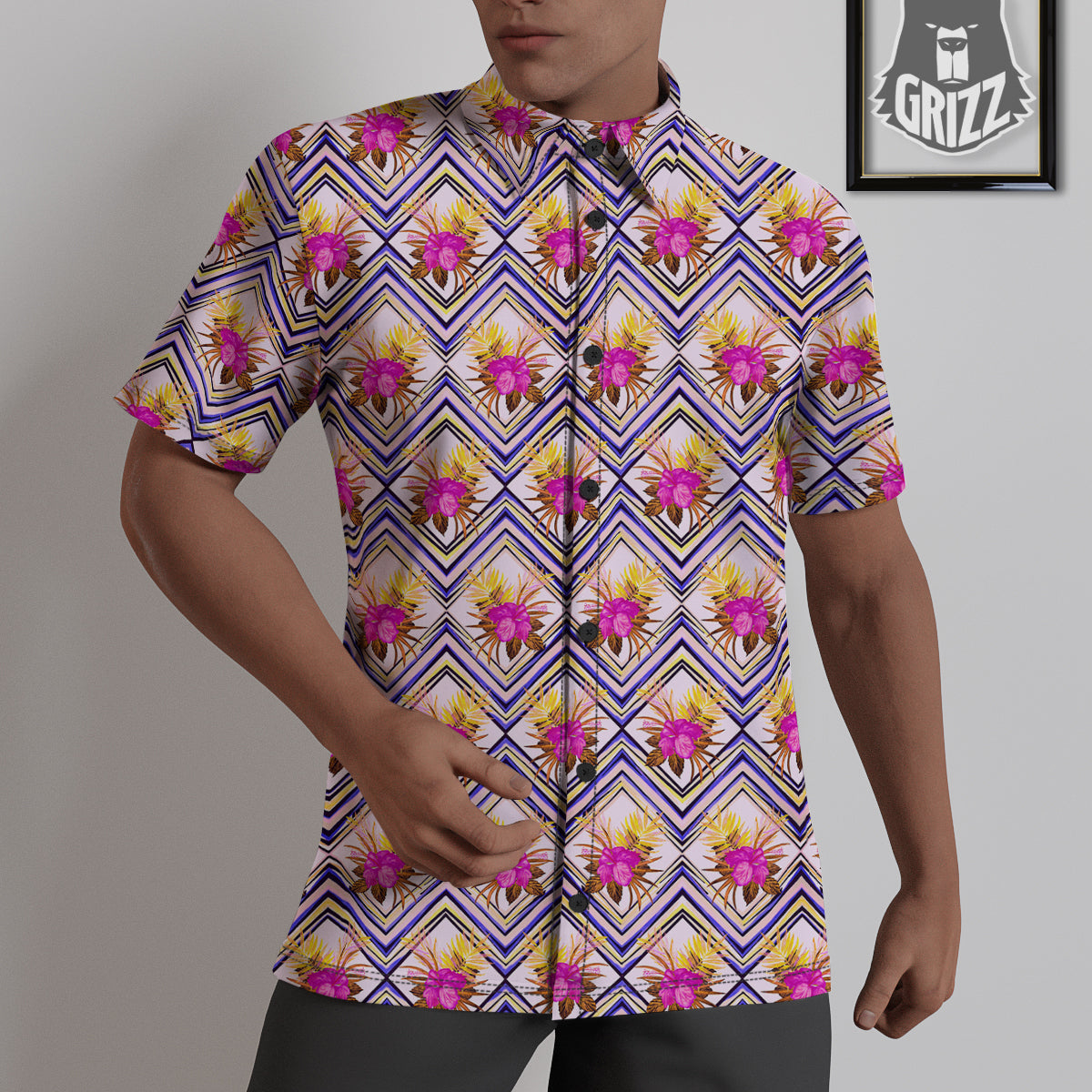 Watercolor Tropical Flower Zigzag Print Pattern Untucked Shirts-grizzshop