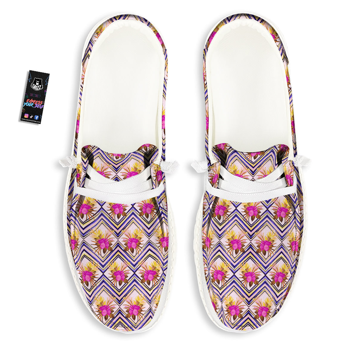 Watercolor Tropical Flower Zigzag Print Pattern White Loafers-grizzshop