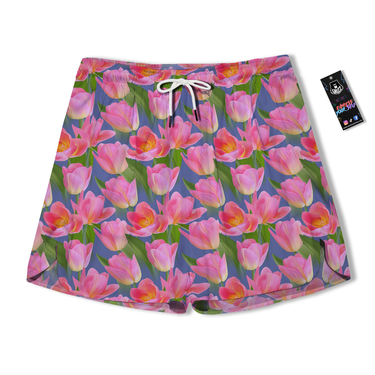 Watercolor Tulip Pink Print Pattern Men's Running Shorts-grizzshop