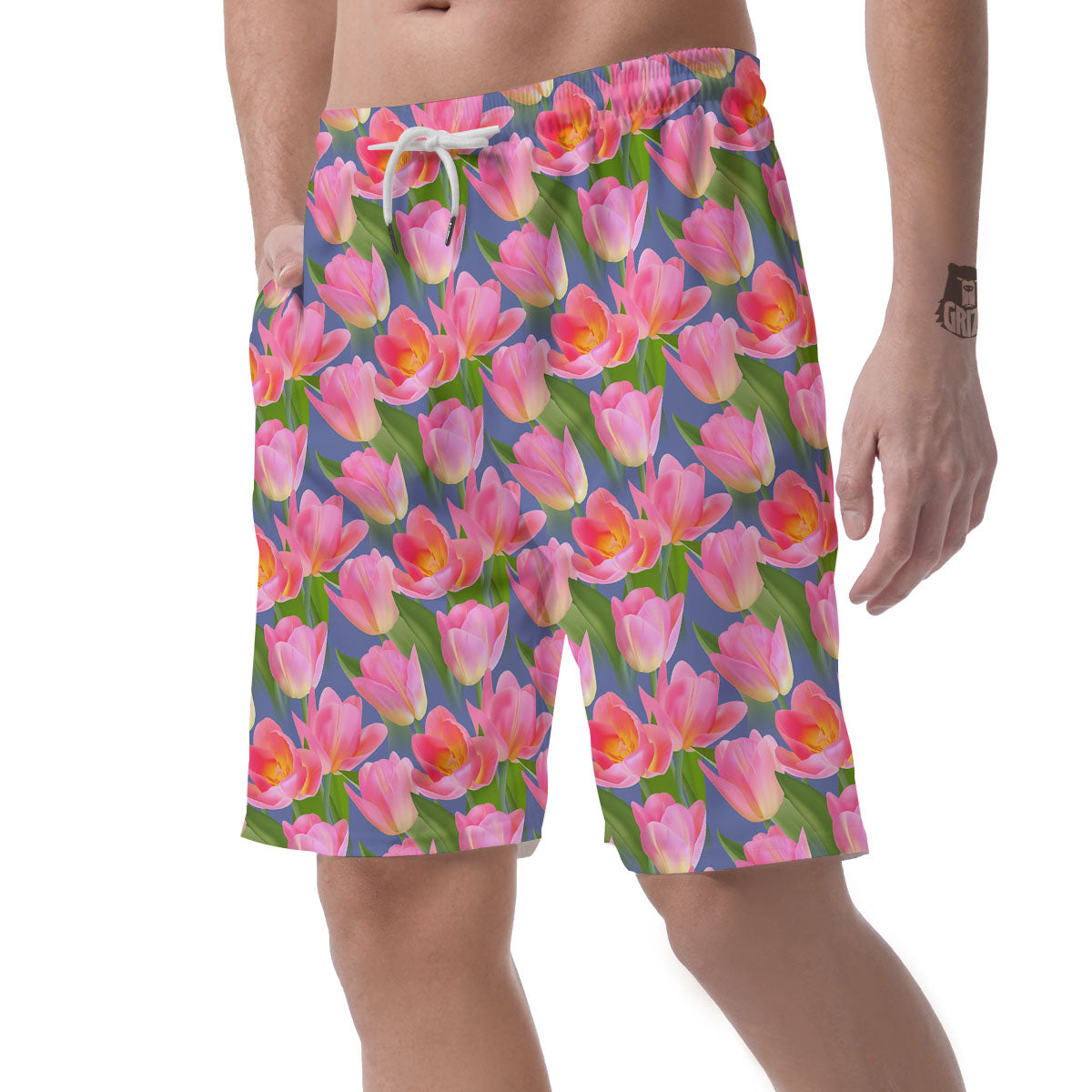 Watercolor Tulip Pink Print Pattern Men's Shorts-grizzshop