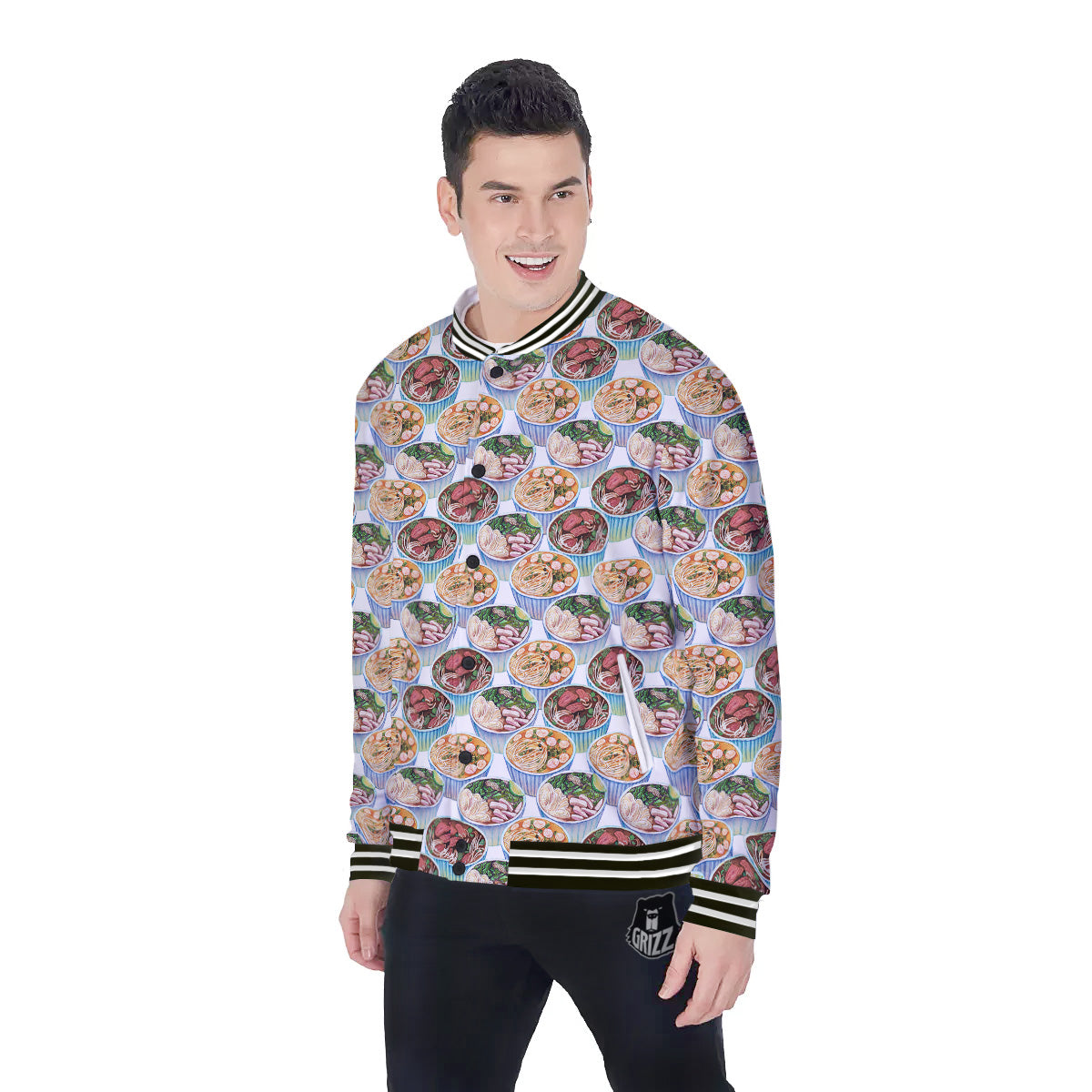 Watercolor Vietnamese Pho Print Pattern Baseball Jacket-grizzshop