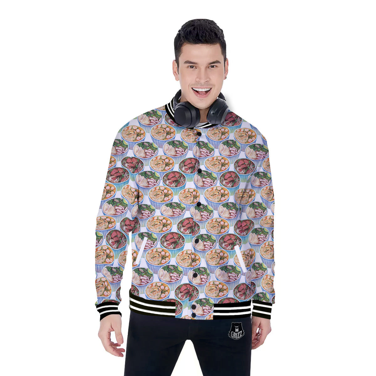 Watercolor Vietnamese Pho Print Pattern Baseball Jacket-grizzshop