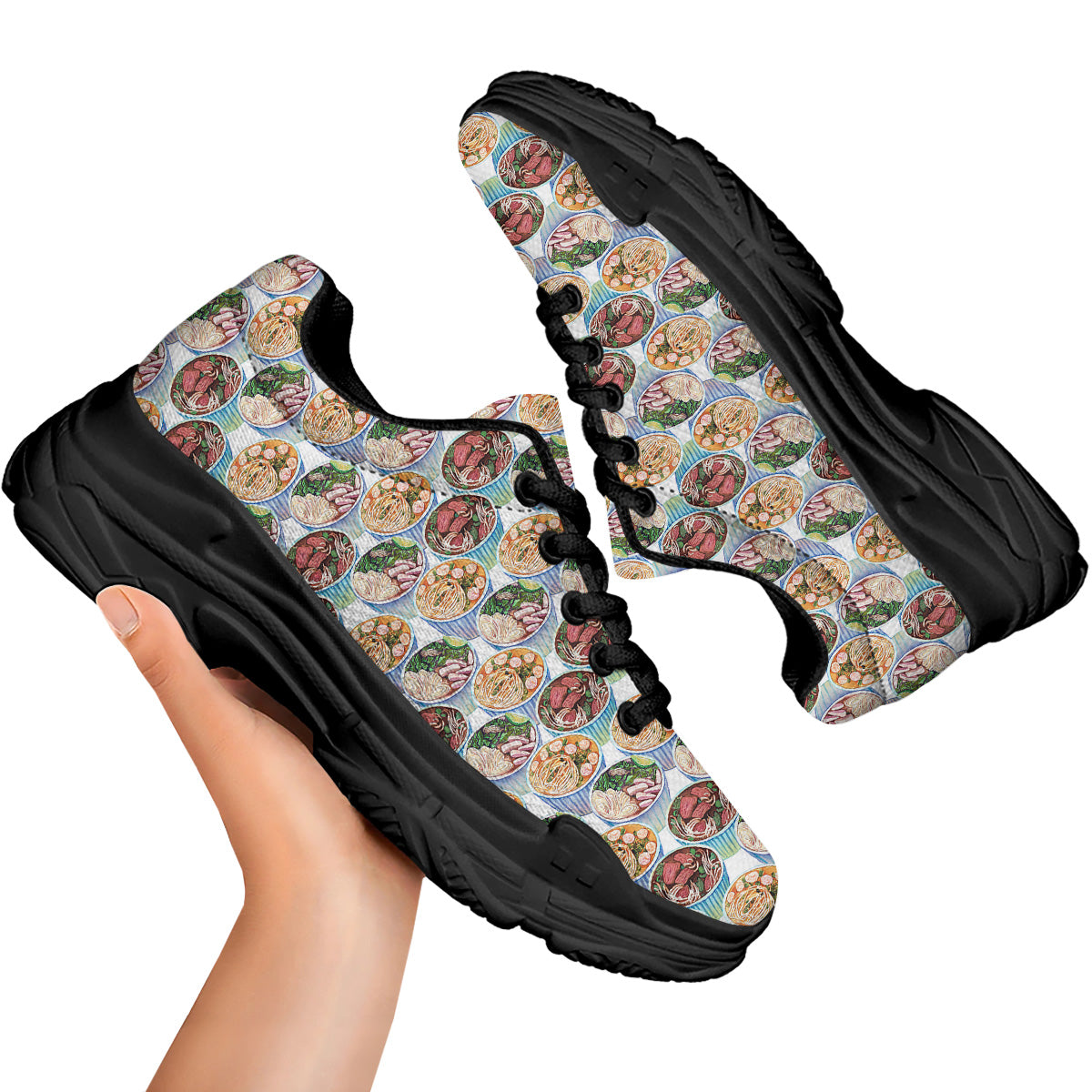 Watercolor Vietnamese Pho Print Pattern Black Chunky Shoes-grizzshop