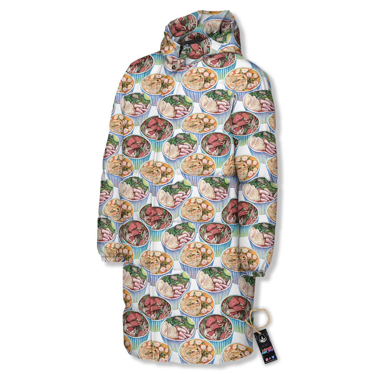 Watercolor Vietnamese Pho Print Pattern Long Down Jacket-grizzshop