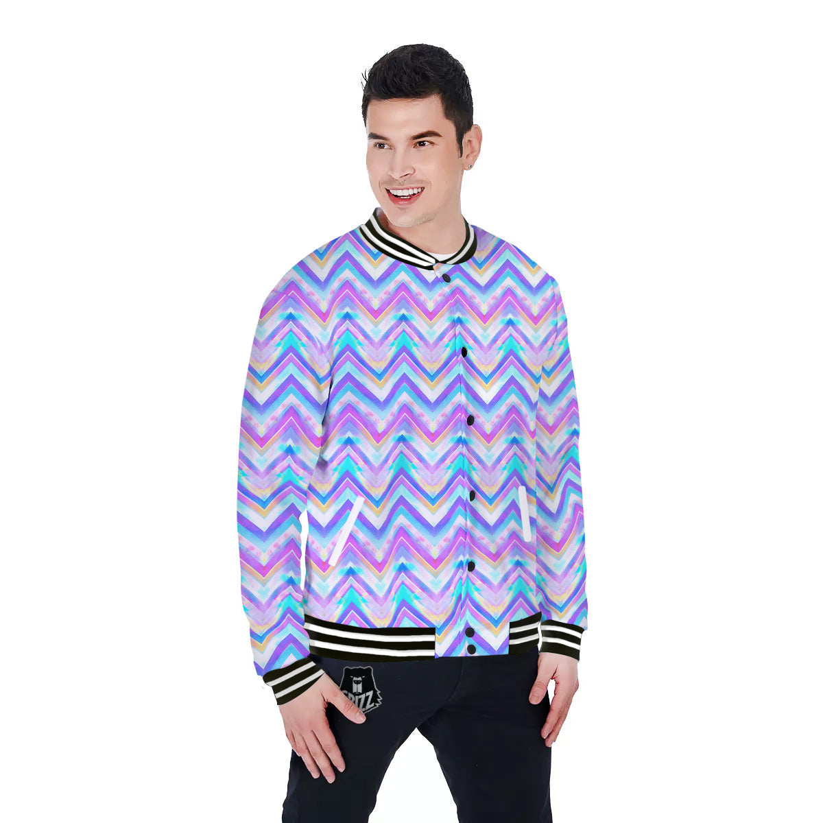 Watercolor Zig Zag Ornament Print Pattern Baseball Jacket-grizzshop
