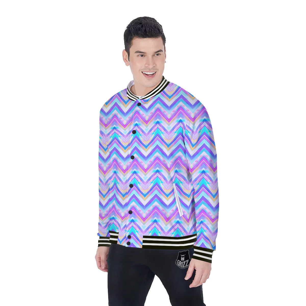 Watercolor Zig Zag Ornament Print Pattern Baseball Jacket-grizzshop