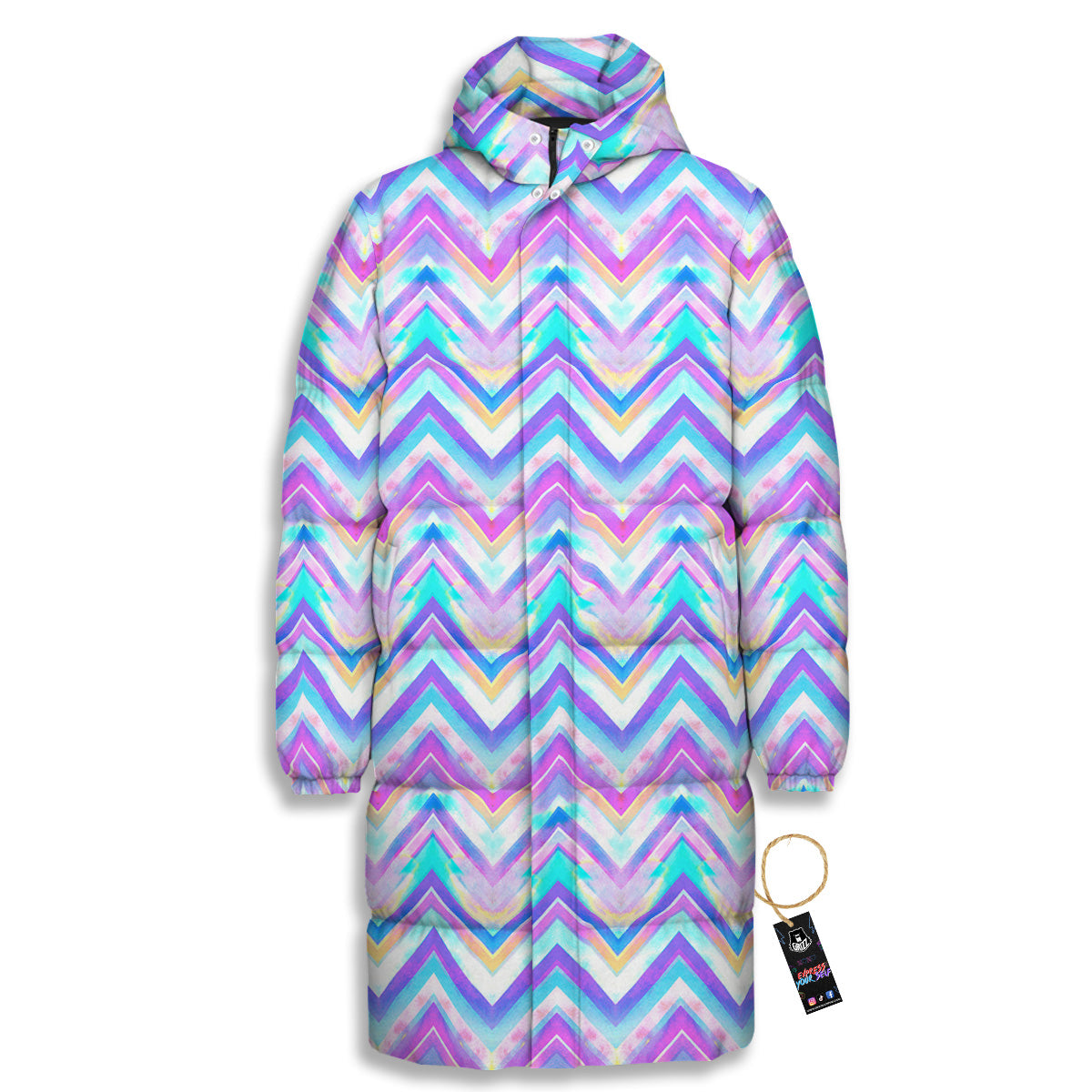 Watercolor Zig Zag Ornament Print Pattern Long Down Jacket-grizzshop