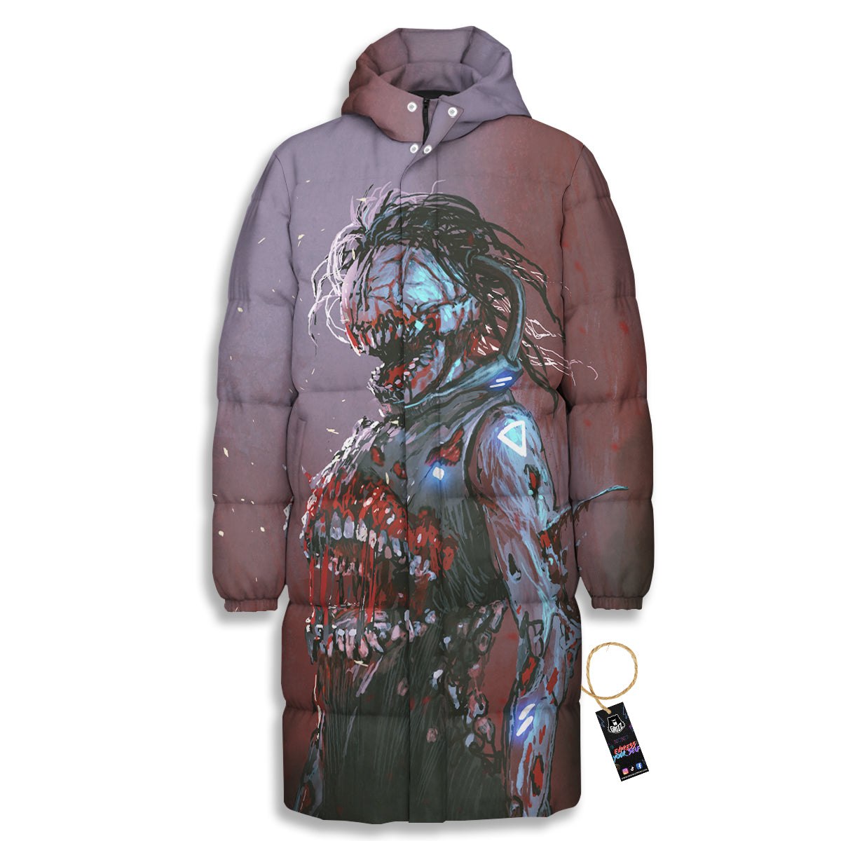 Watercolor Creepy Monsters Open Mouth Print Long Down Jacket