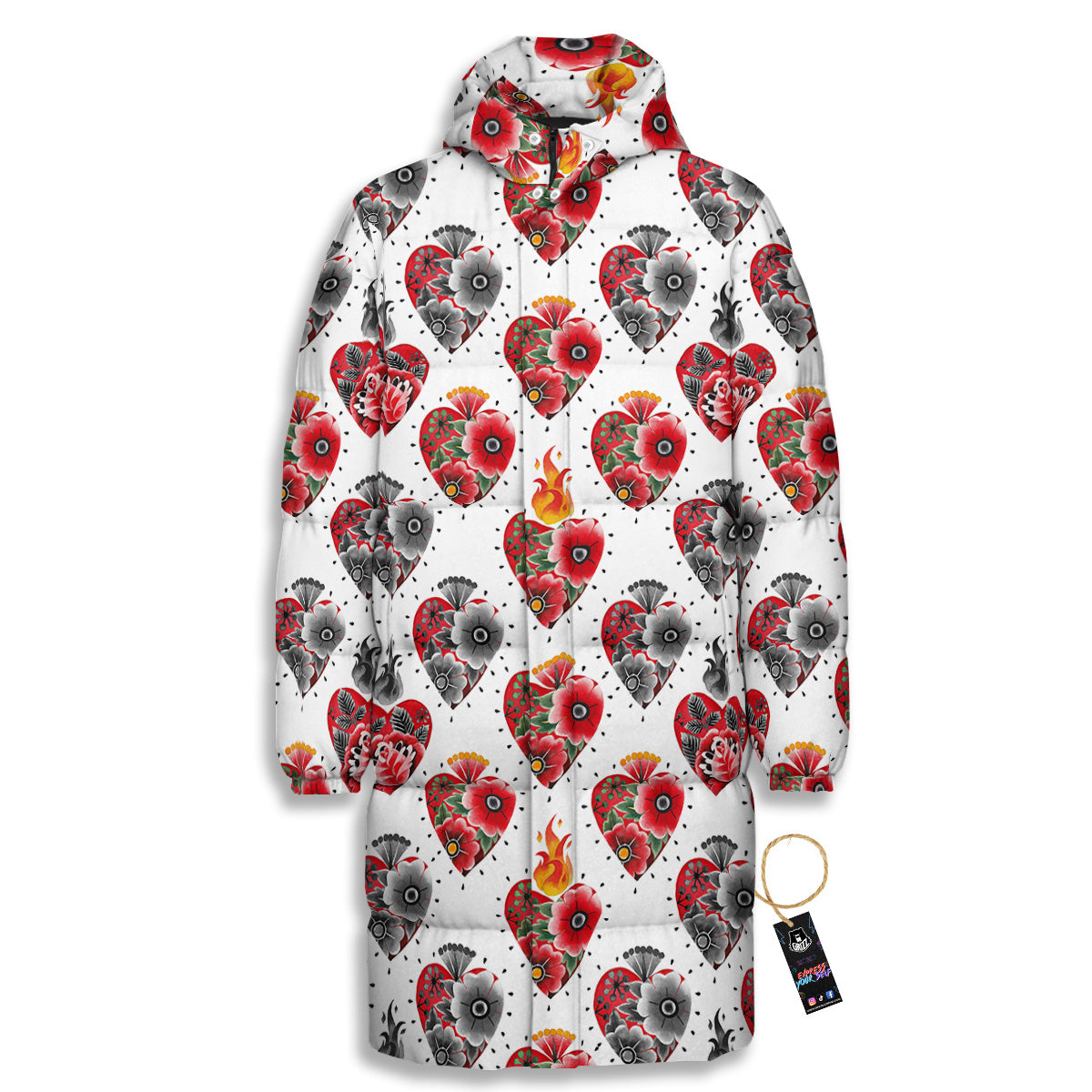Watercolor Flaming Heart Tattoo Print Pattern Long Down Jacket