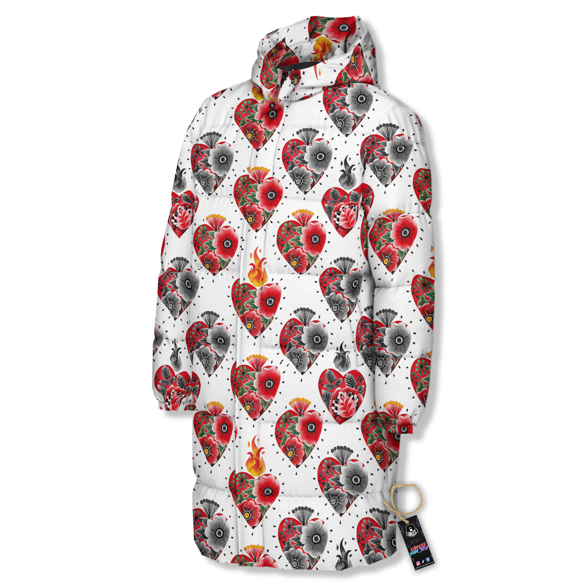 Watercolor Flaming Heart Tattoo Print Pattern Long Down Jacket