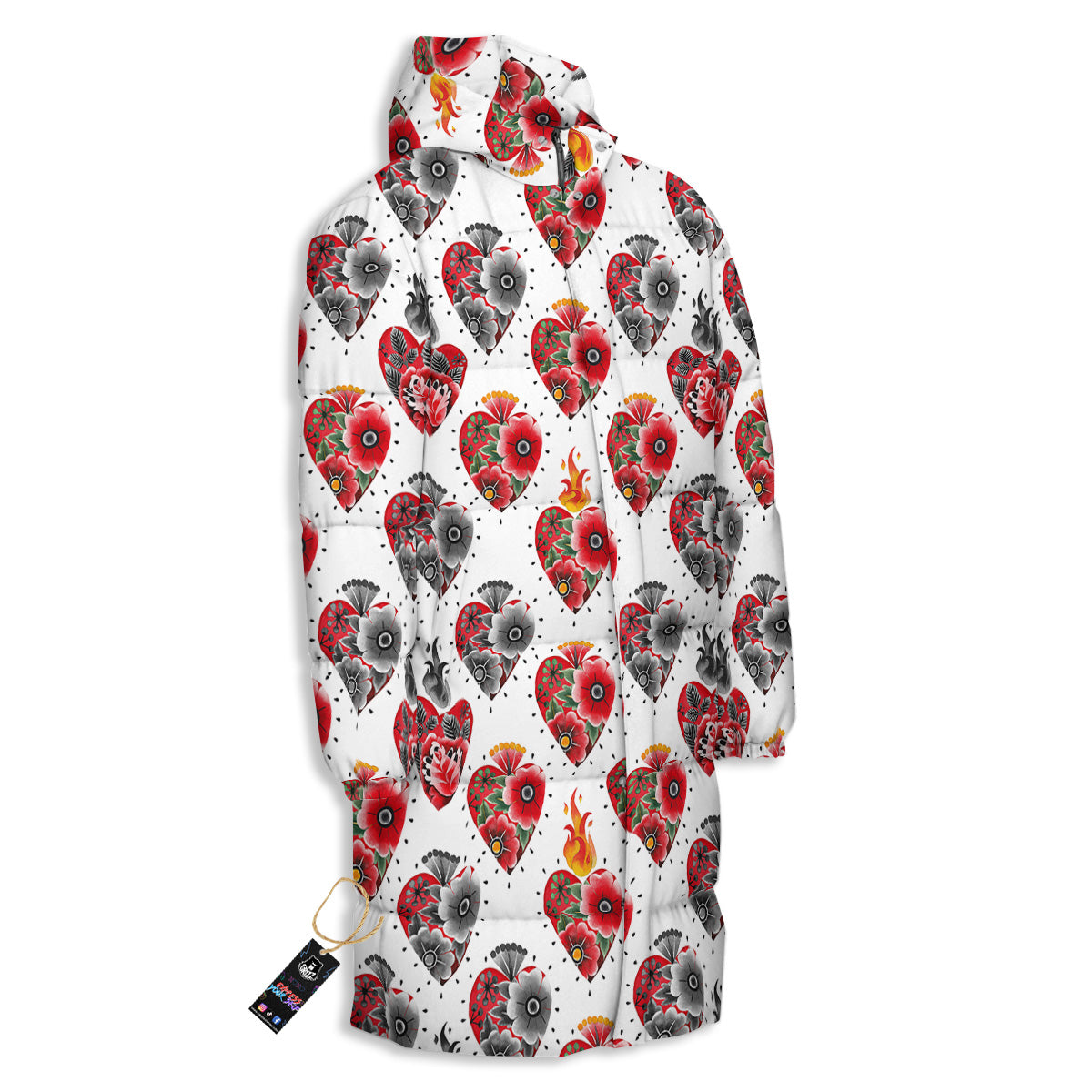 Watercolor Flaming Heart Tattoo Print Pattern Long Down Jacket