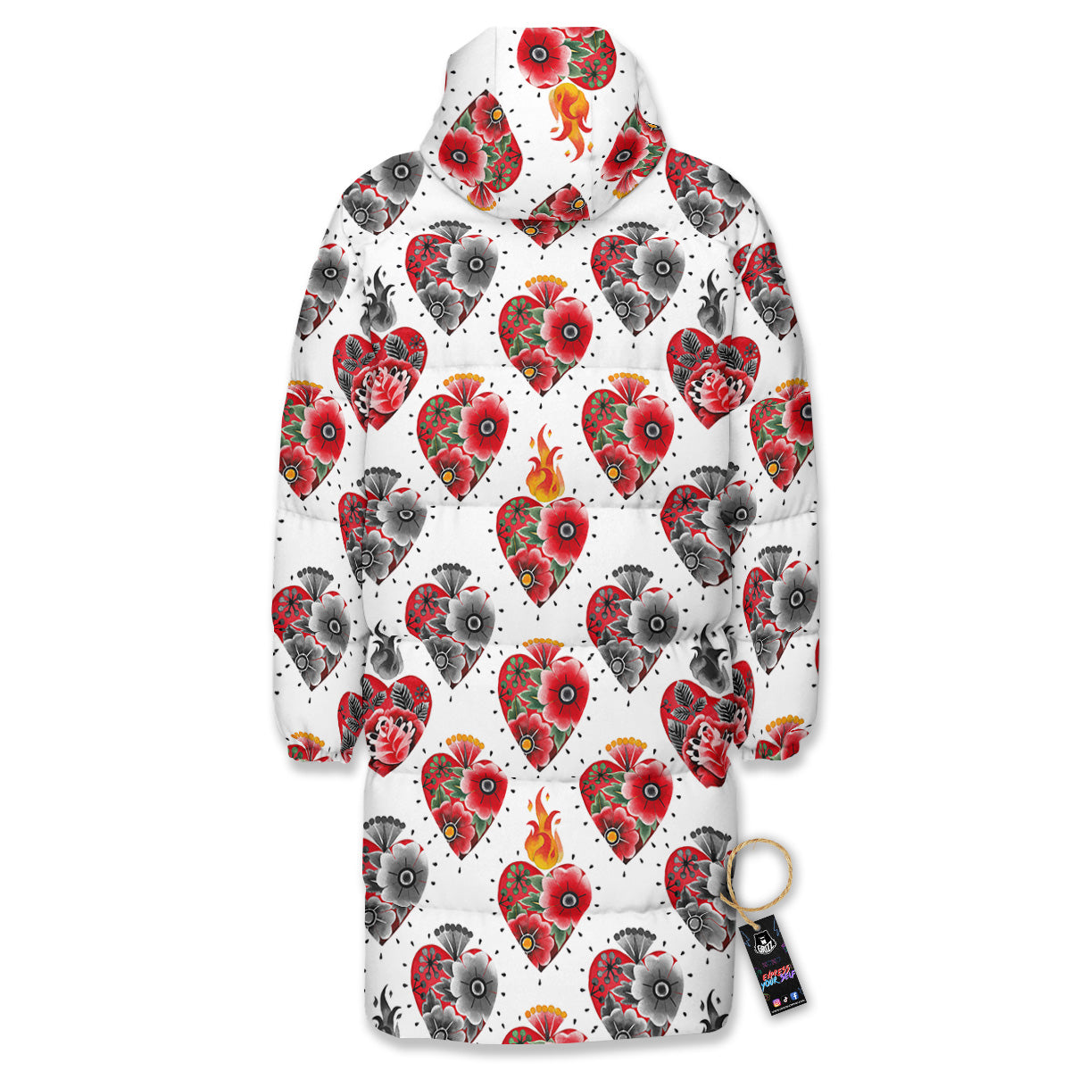 Watercolor Flaming Heart Tattoo Print Pattern Long Down Jacket