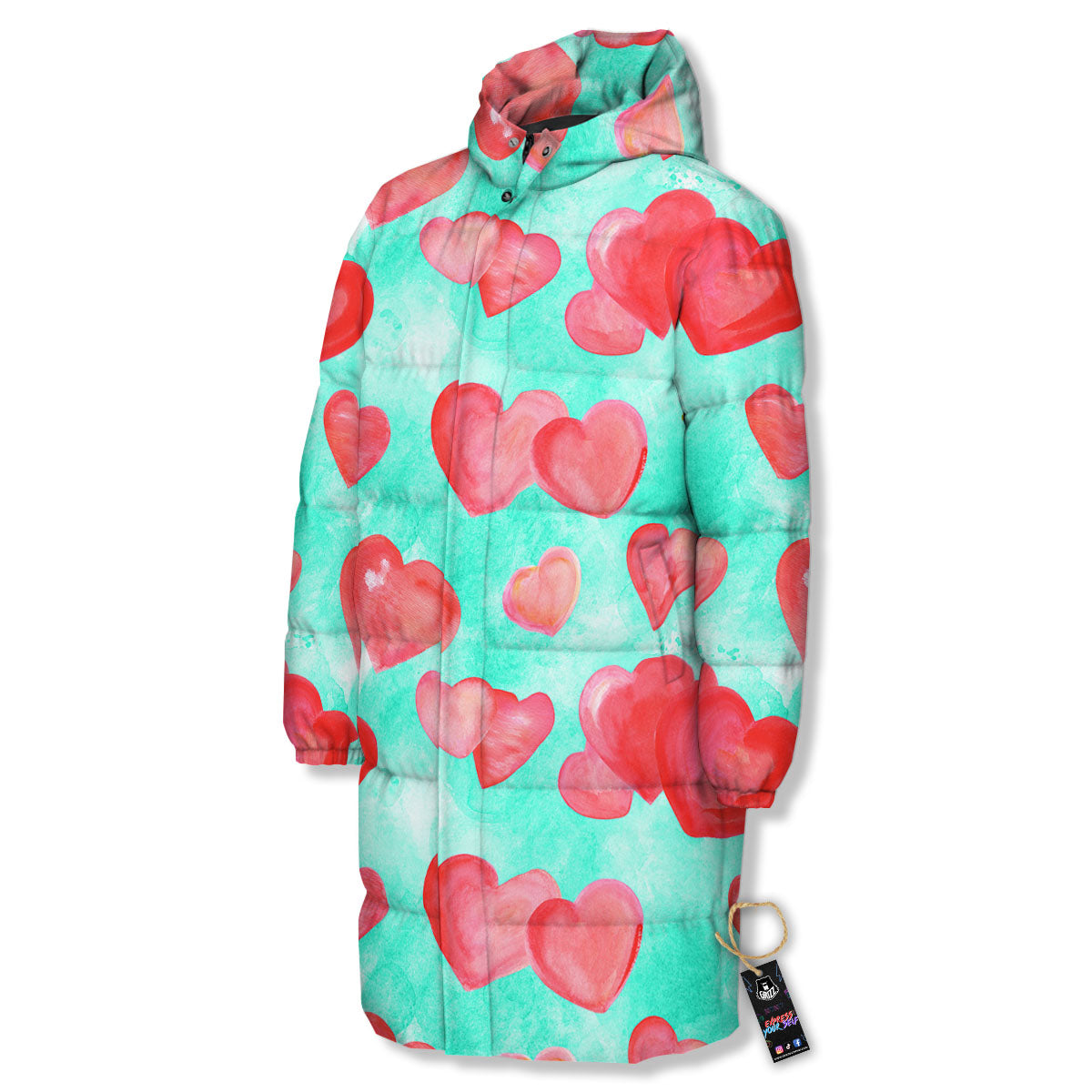 Watercolor Heart Teal And Pink Print Long Down Jacket