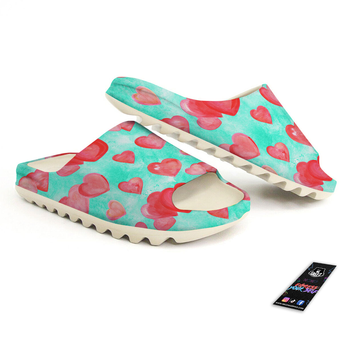 Watercolor Heart Teal And Pink Print Sandals-grizzshop