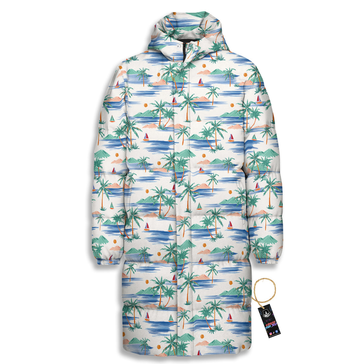 Watercolor Summer Island Palm Tree Print Pattern Long Down Jacket