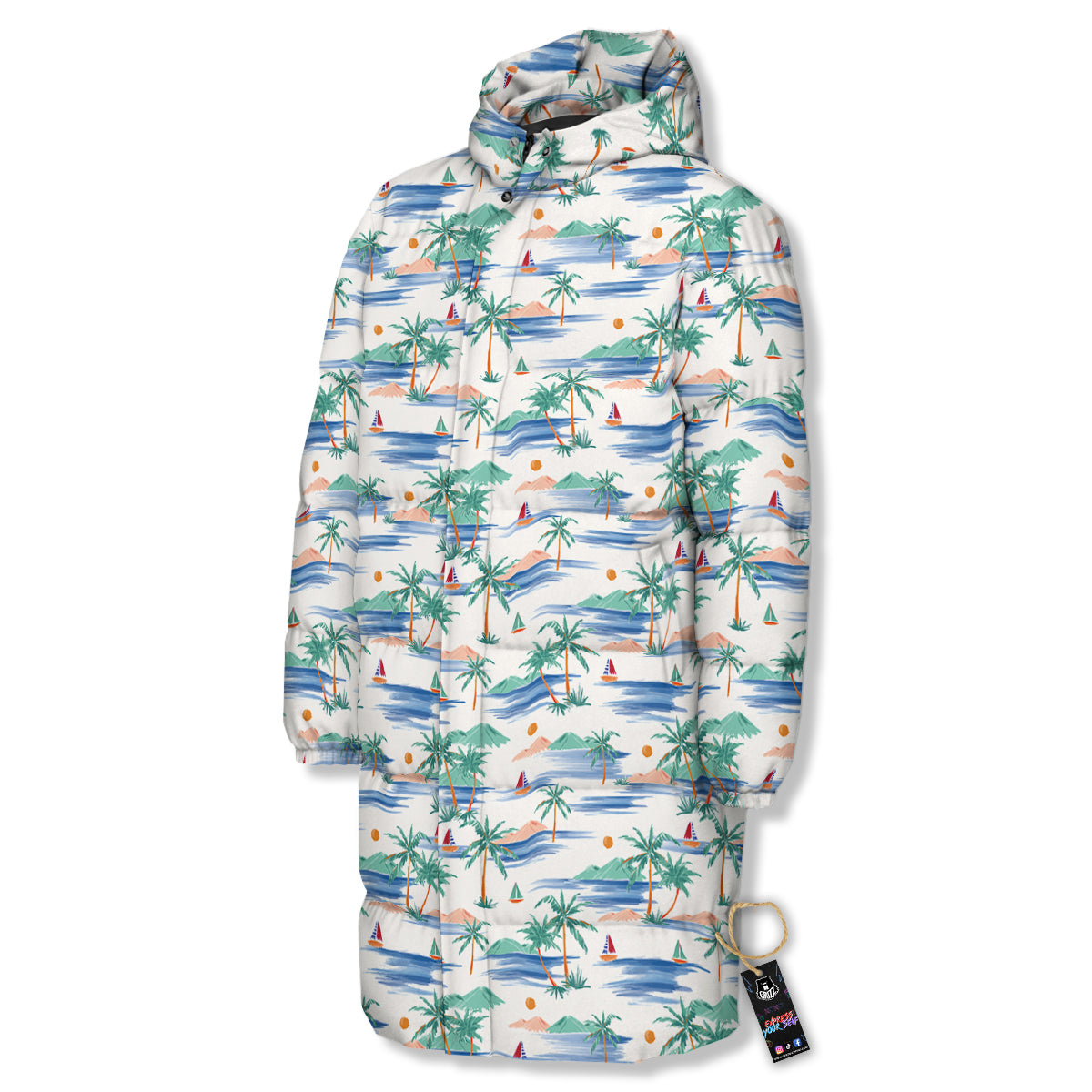 Watercolor Summer Island Palm Tree Print Pattern Long Down Jacket