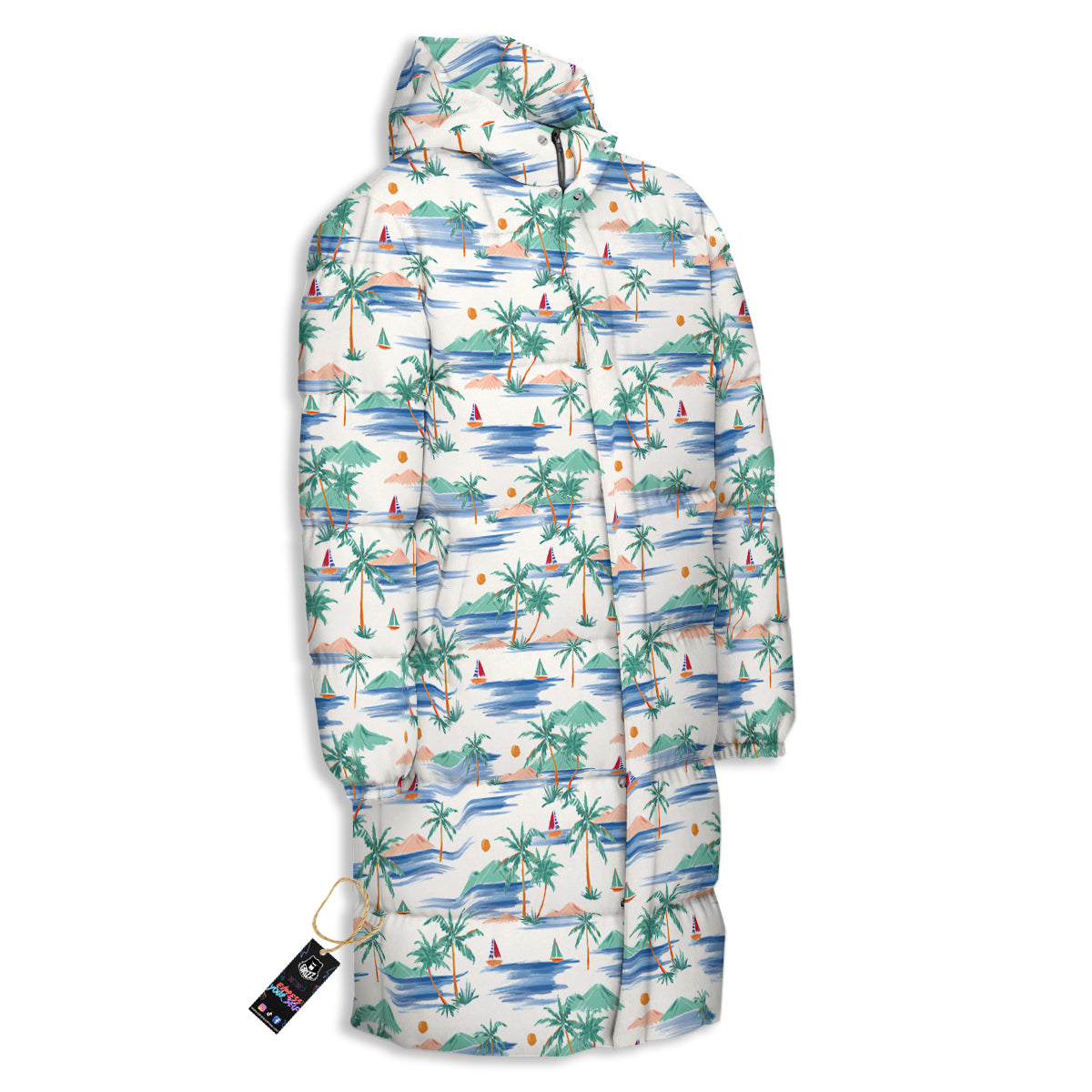 Watercolor Summer Island Palm Tree Print Pattern Long Down Jacket