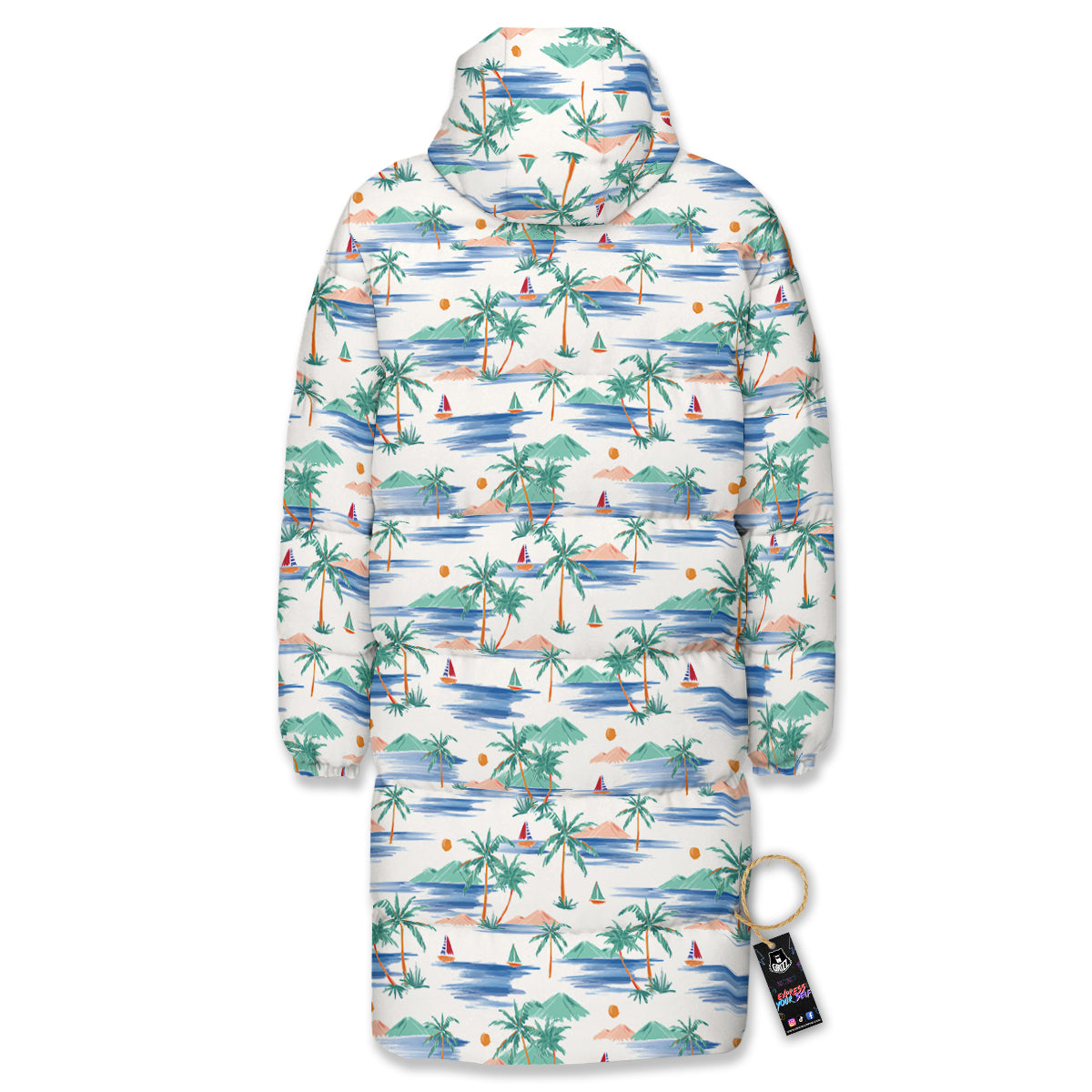 Watercolor Summer Island Palm Tree Print Pattern Long Down Jacket
