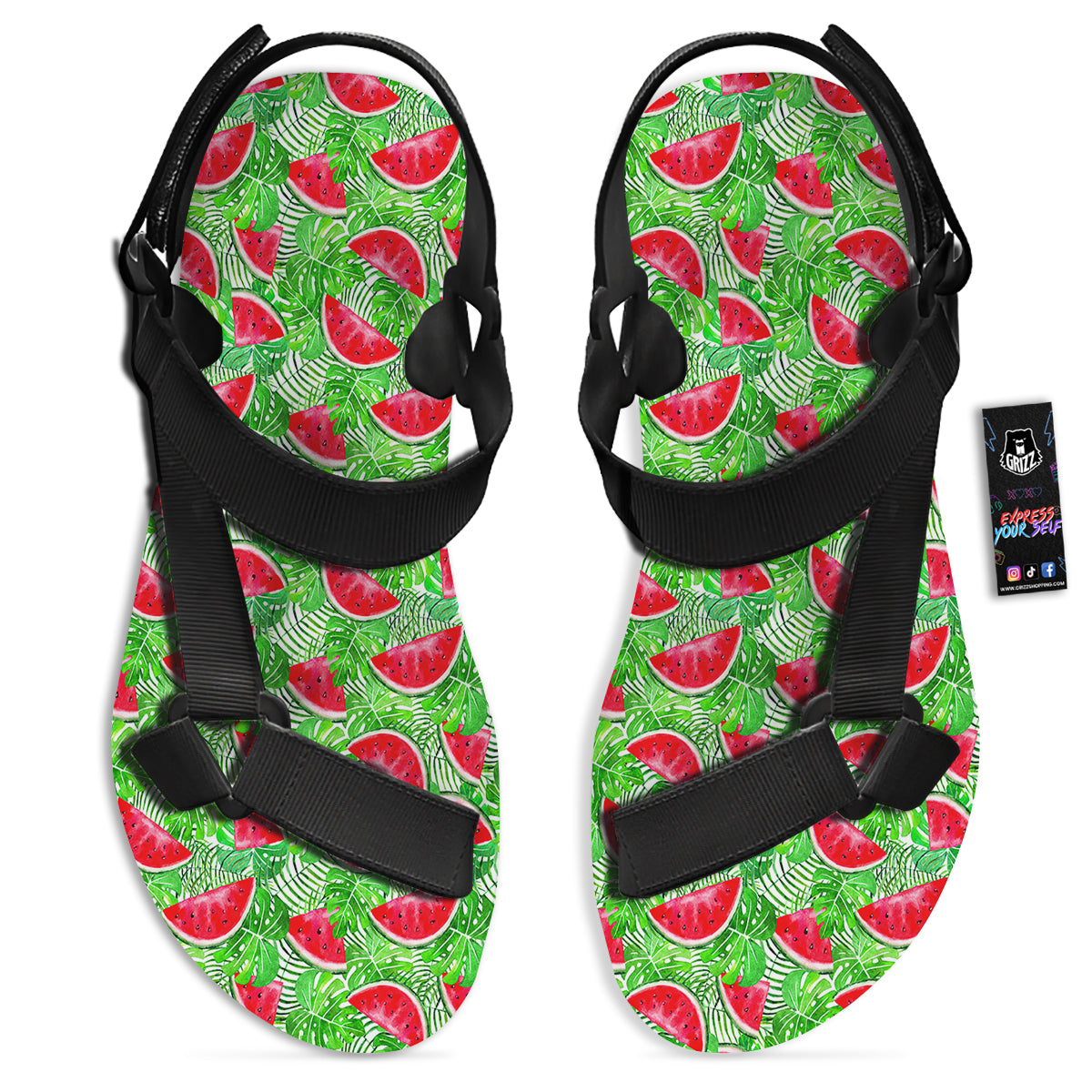 Watermelon Aloha Tropical Print Pattern Black Open Toe Sandals-grizzshop