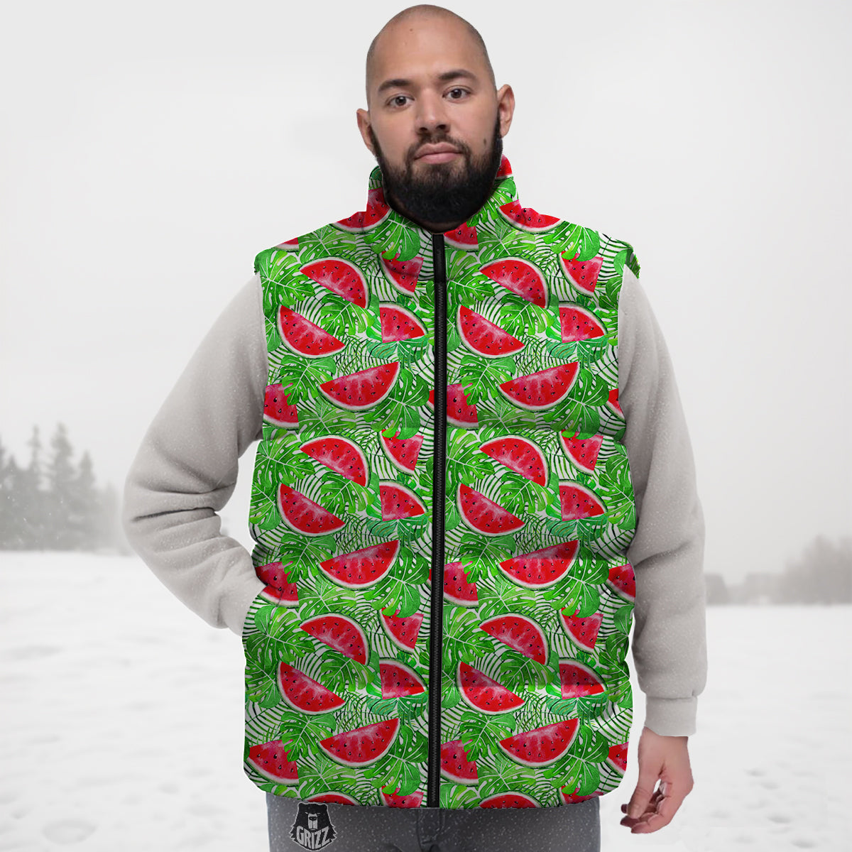 Watermelon Aloha Tropical Print Pattern Down Vest-grizzshop