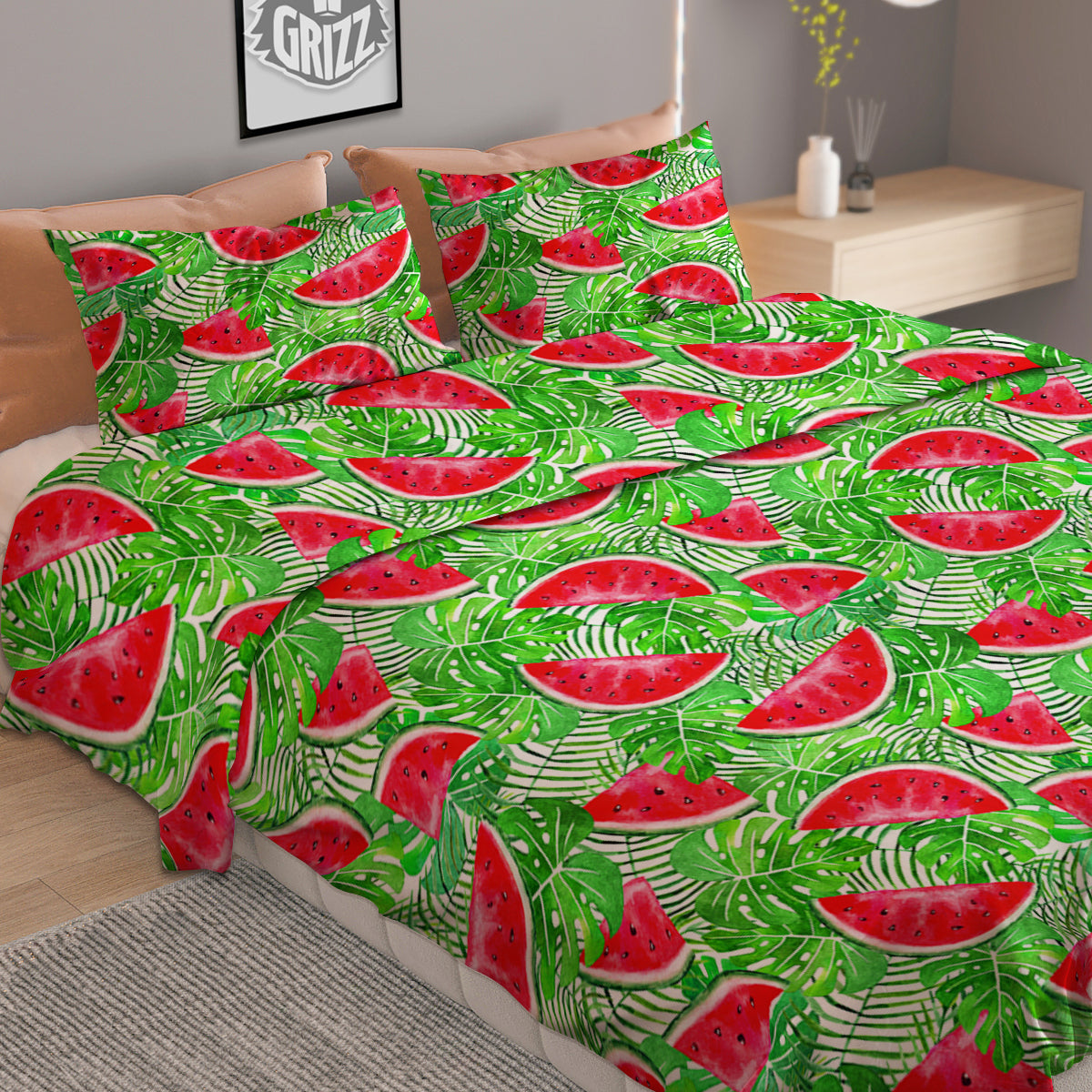 Watermelon Aloha Tropical Print Pattern Duvet Cover Bedding Set