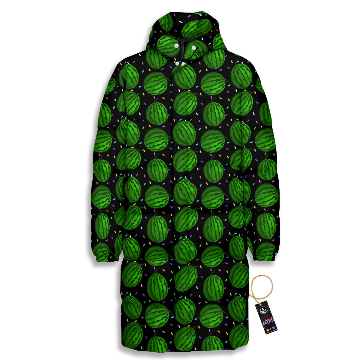 Watermelon Black Cute Print Pattern Long Down Jacket-grizzshop
