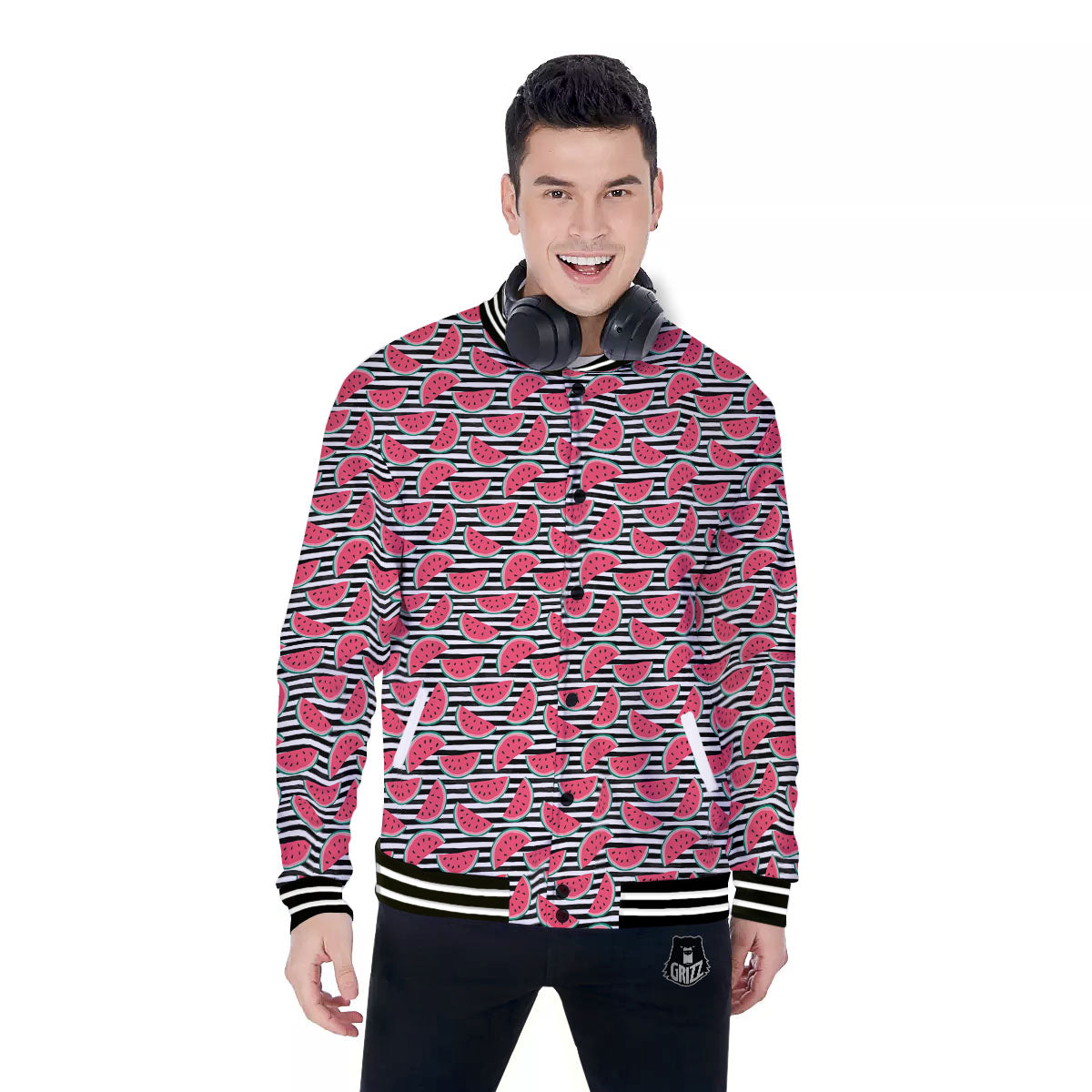 Watermelon Black Striped Print Pattern Baseball Jacket-grizzshop