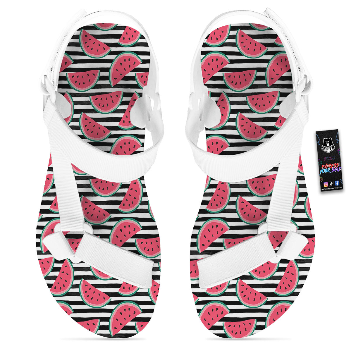 Watermelon Black Striped Print Pattern White Open Toe Sandals-grizzshop