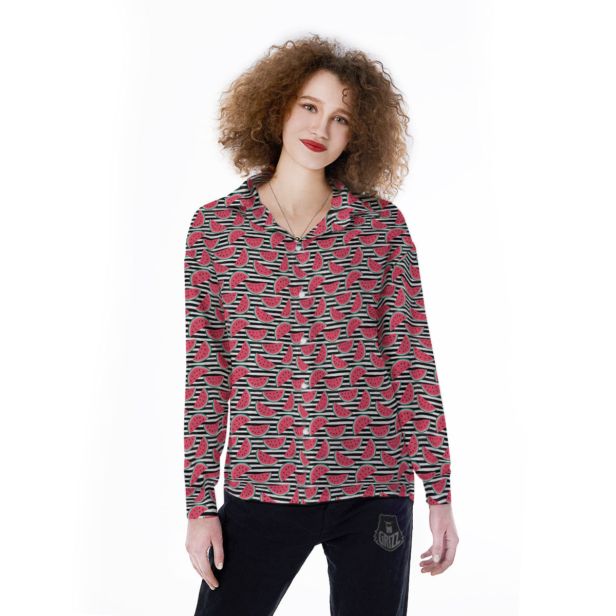 Watermelon Black Striped Print Pattern Women's Long Sleeve Shirts-grizzshop