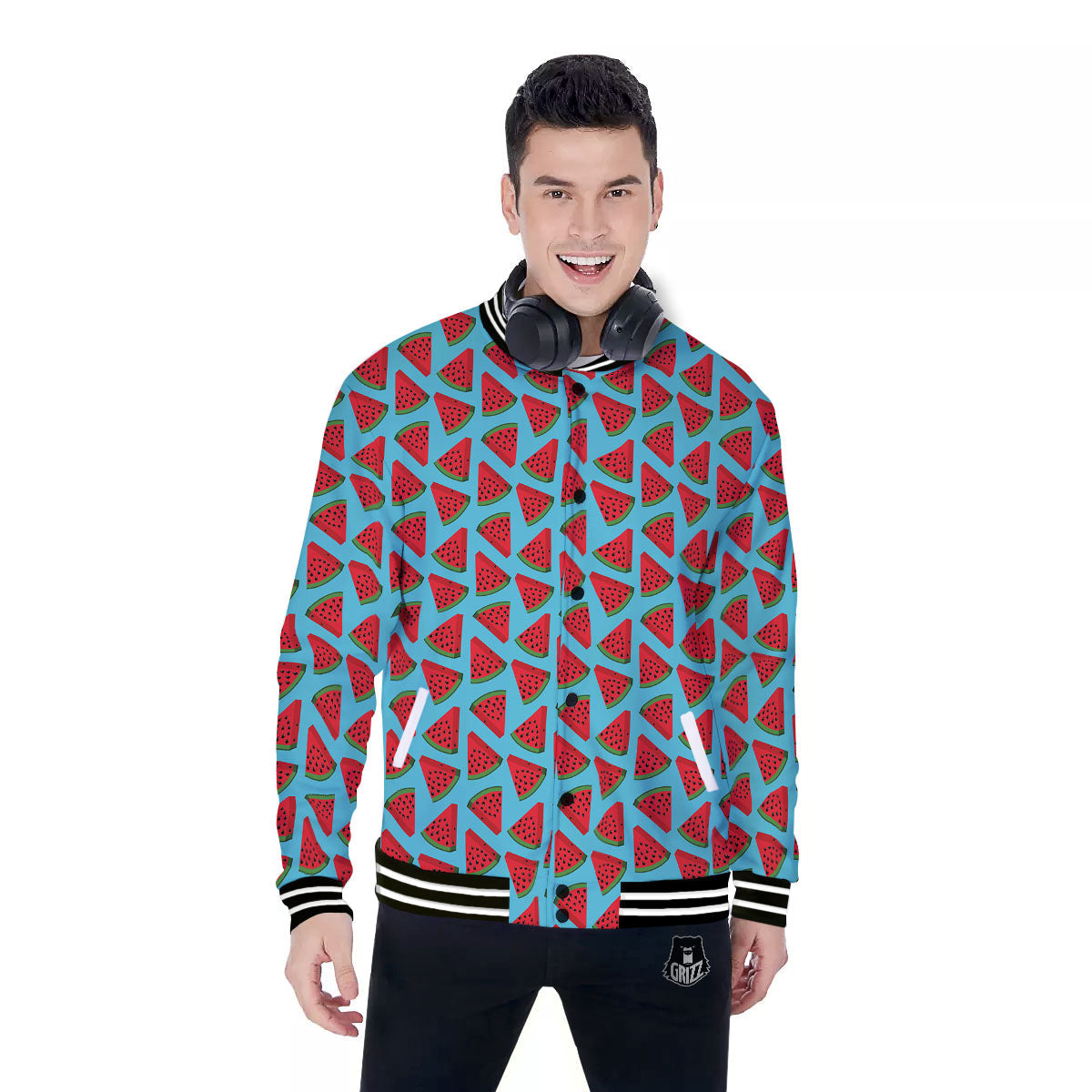 Watermelon Blue Cute Print Pattern Baseball Jacket-grizzshop