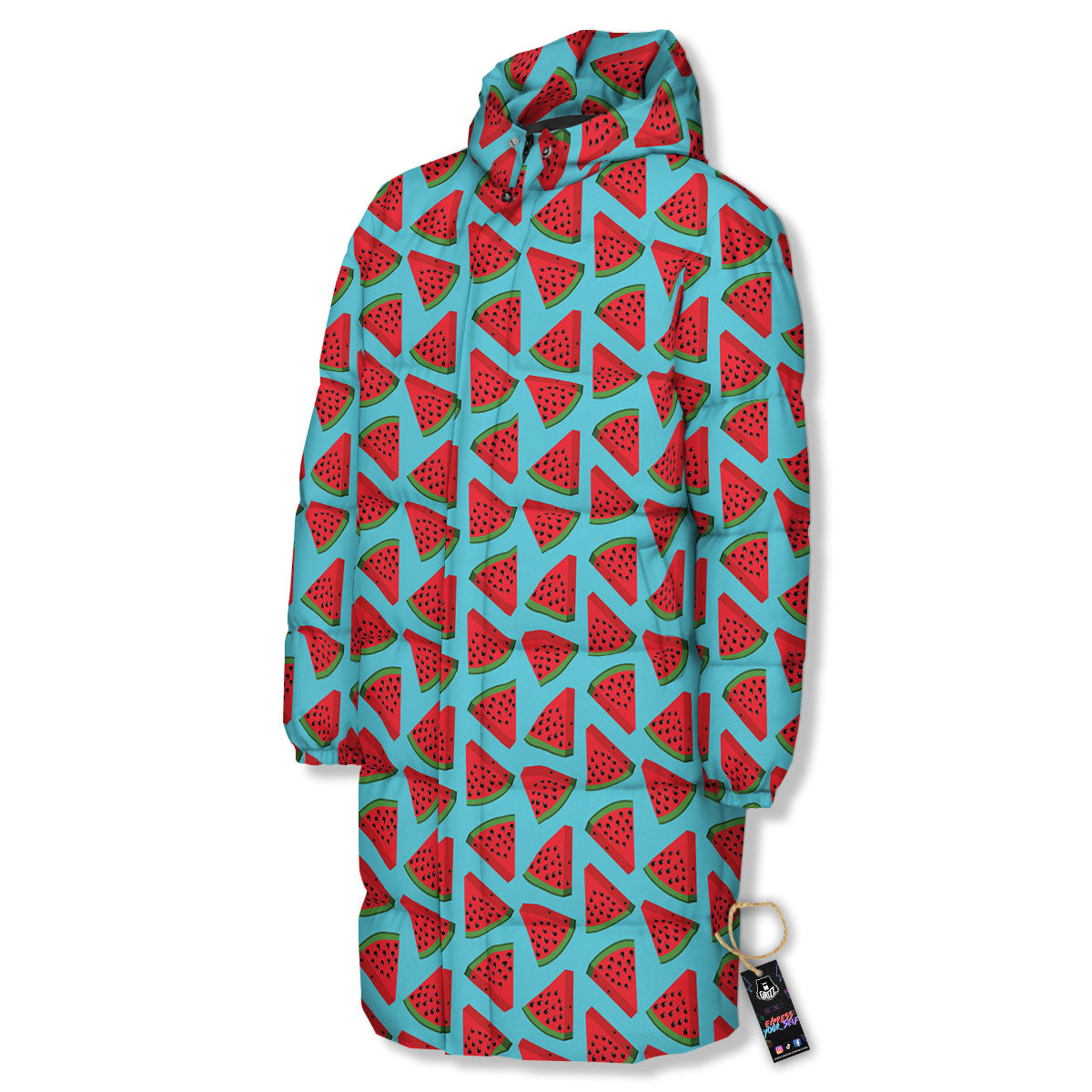 Watermelon Blue Cute Print Pattern Long Down Jacket-grizzshop