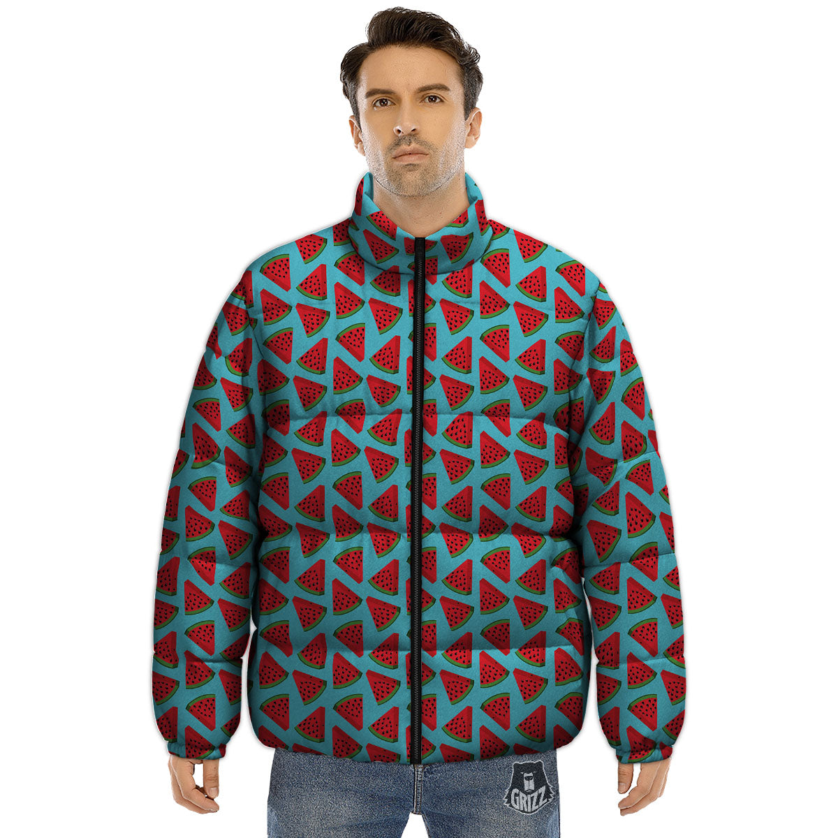 Watermelon Blue Cute Print Pattern Puffer Jacket-grizzshop