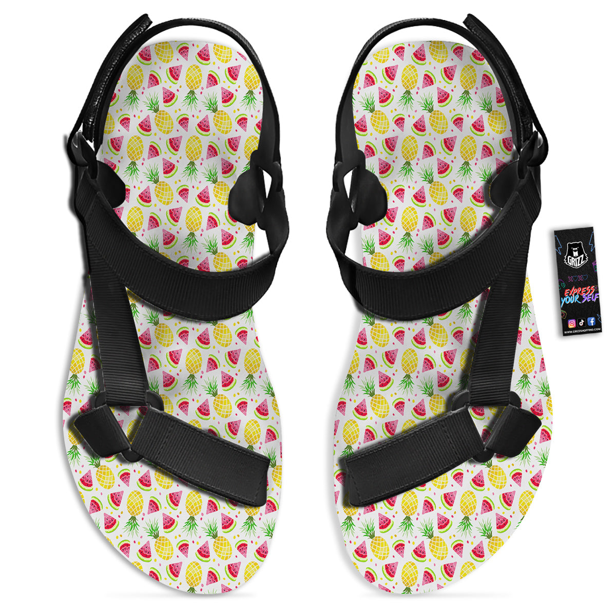 Watermelon Cute Pineapple Print Pattern Black Open Toe Sandals-grizzshop