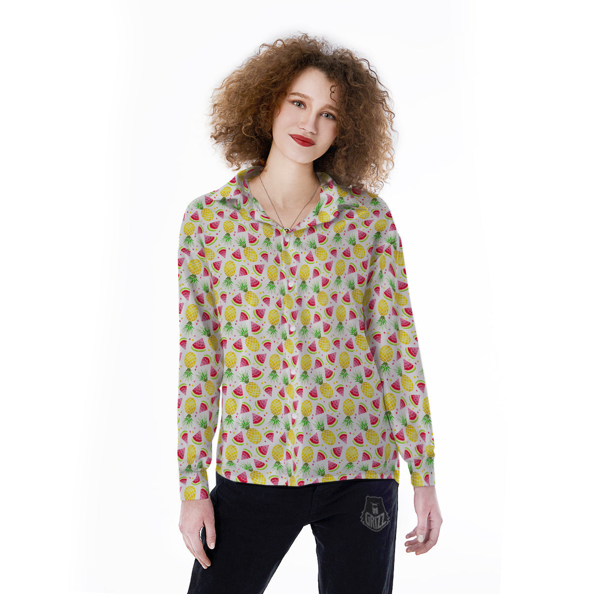 Watermelon Cute Pineapple Print Pattern Women's Long Sleeve Shirts-grizzshop