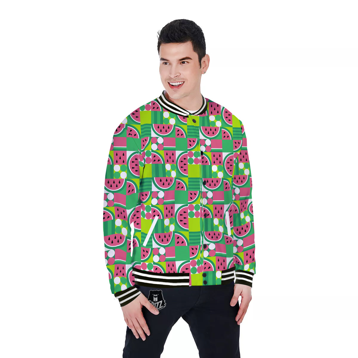 Watermelon Fruit Slice Geometric Print Baseball Jacket-grizzshop