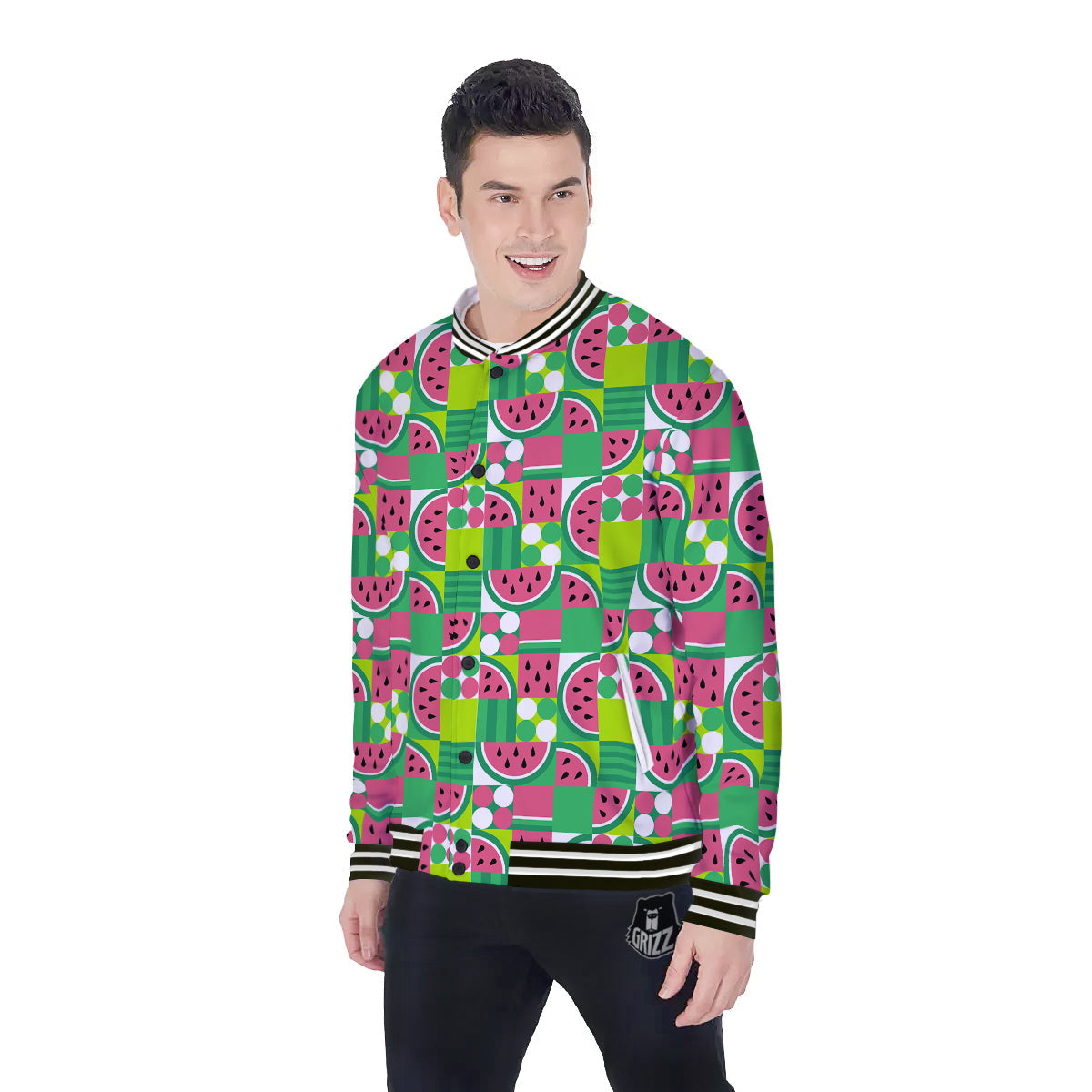 Watermelon Fruit Slice Geometric Print Baseball Jacket-grizzshop
