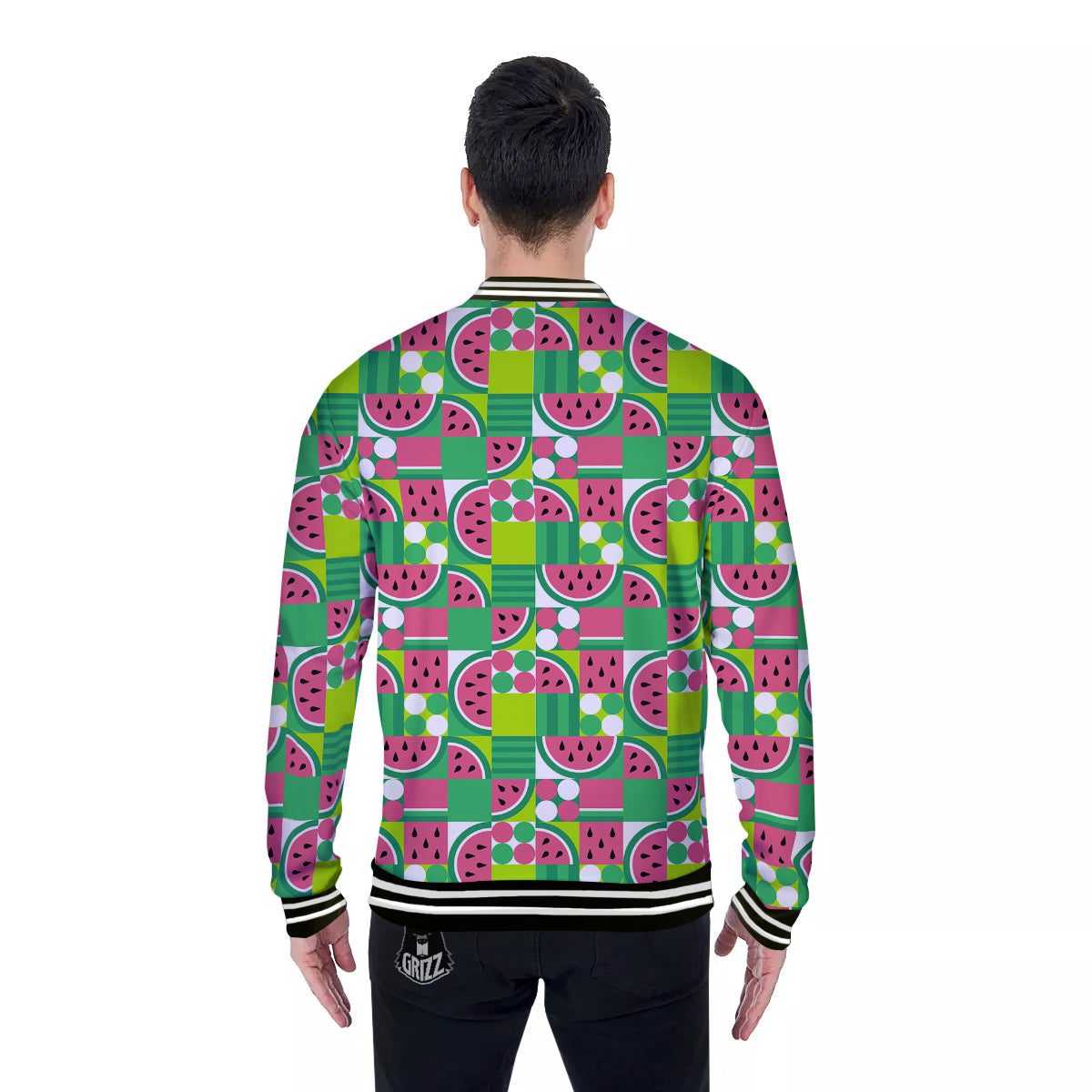 Watermelon Fruit Slice Geometric Print Baseball Jacket-grizzshop