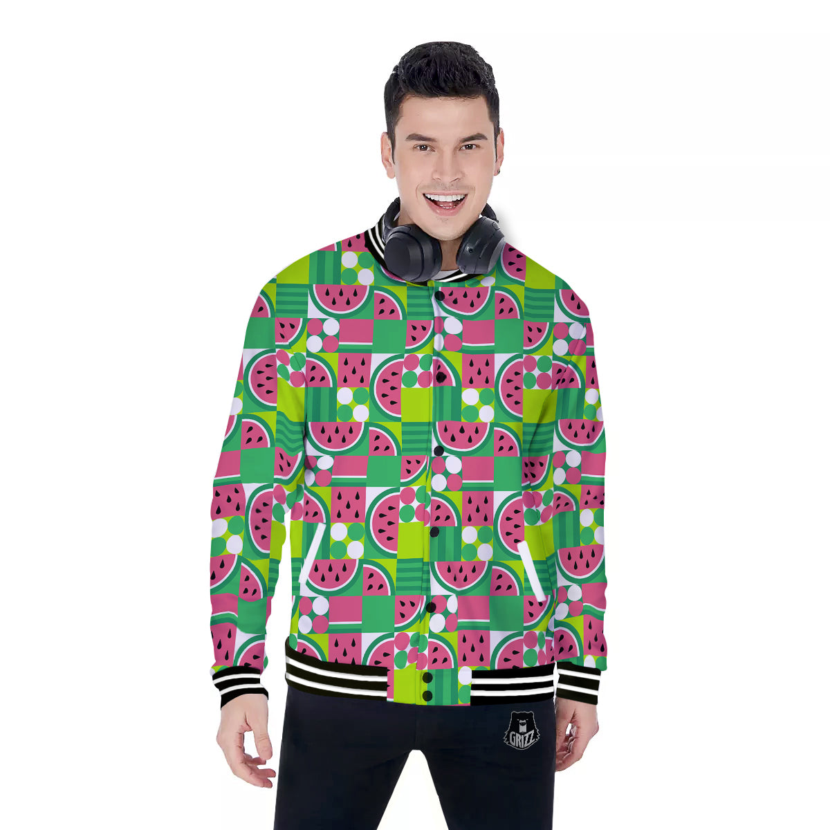 Watermelon Fruit Slice Geometric Print Baseball Jacket-grizzshop