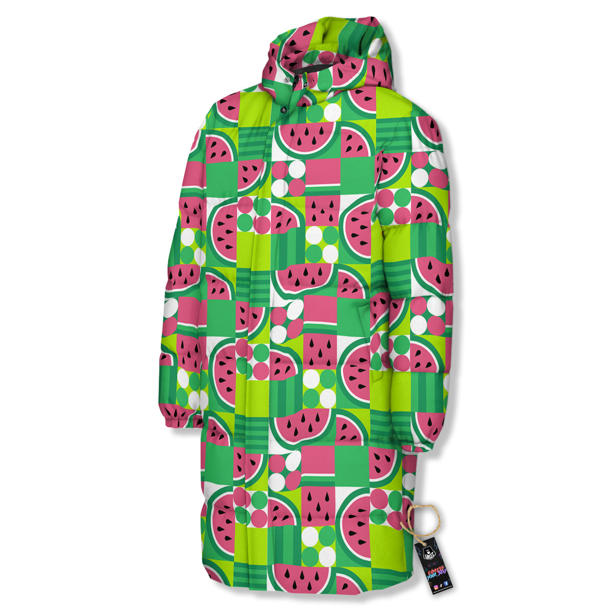 Watermelon Fruit Slice Geometric Print Long Down Jacket-grizzshop