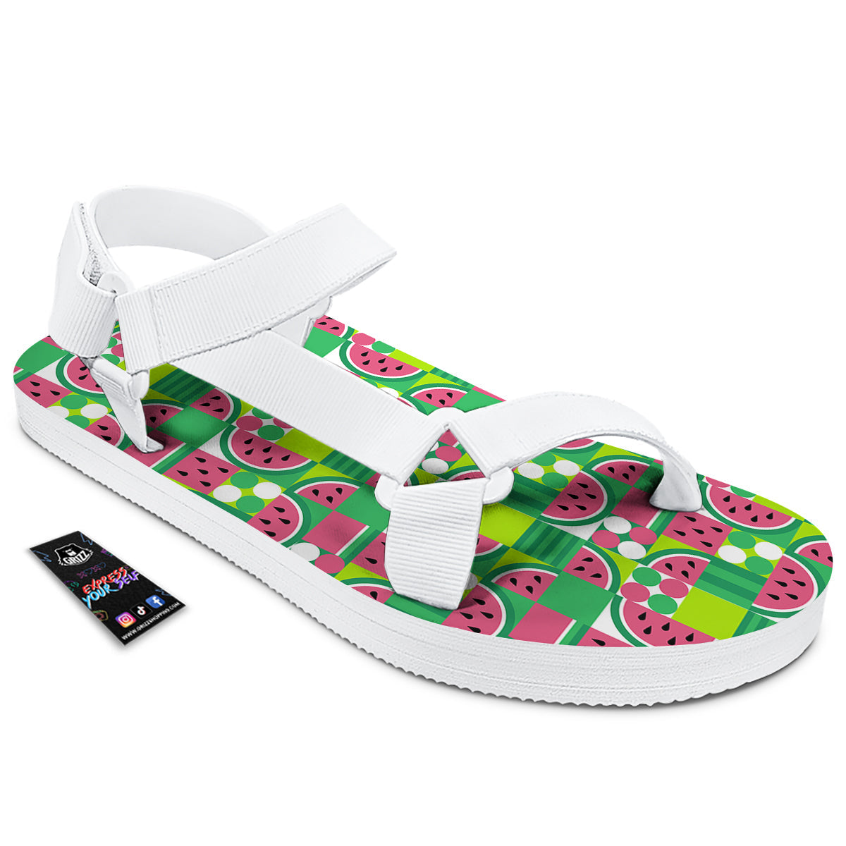 Watermelon Fruit Slice Geometric Print White Open Toe Sandals-grizzshop