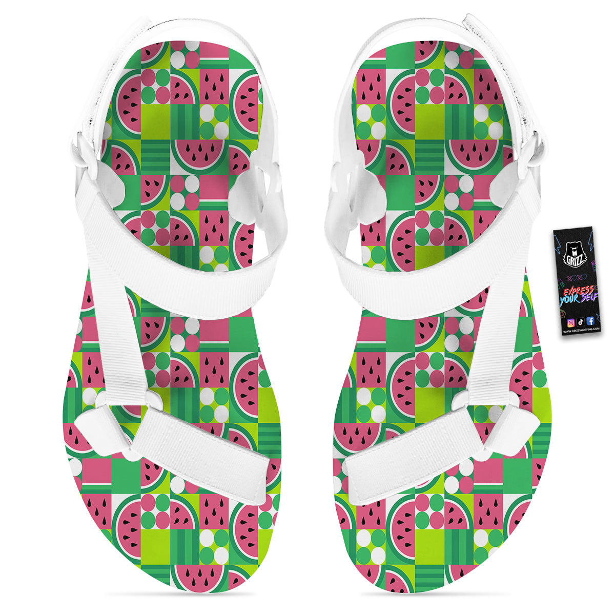 Watermelon Fruit Slice Geometric Print White Open Toe Sandals-grizzshop