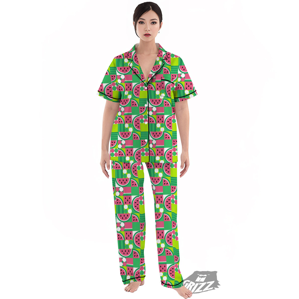 Watermelon Fruit Slice Geometric Print Women's Pajamas Set-grizzshop