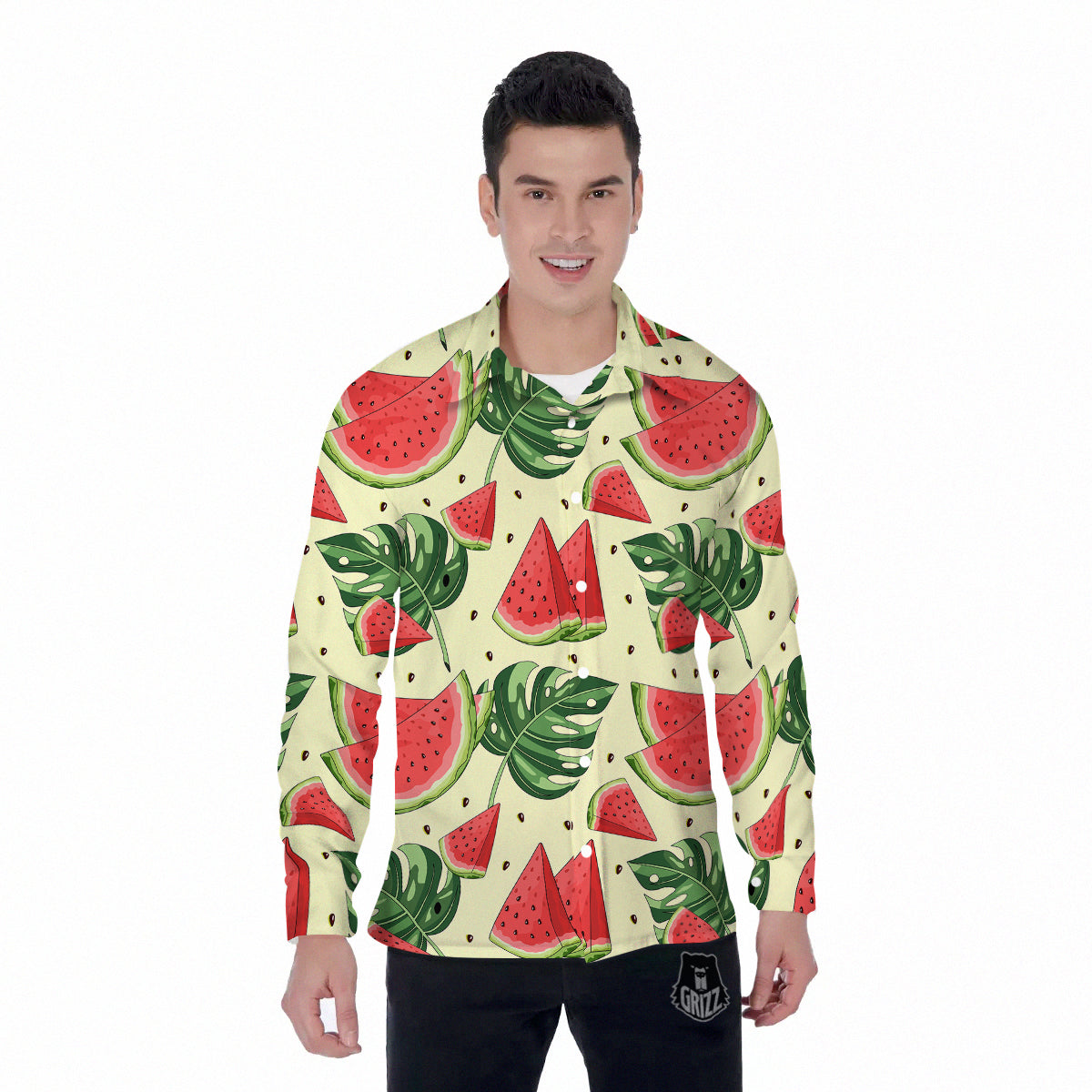 Watermelon Leaf Tropical Print Pattern Men's Long Sleeve Shirts-grizzshop